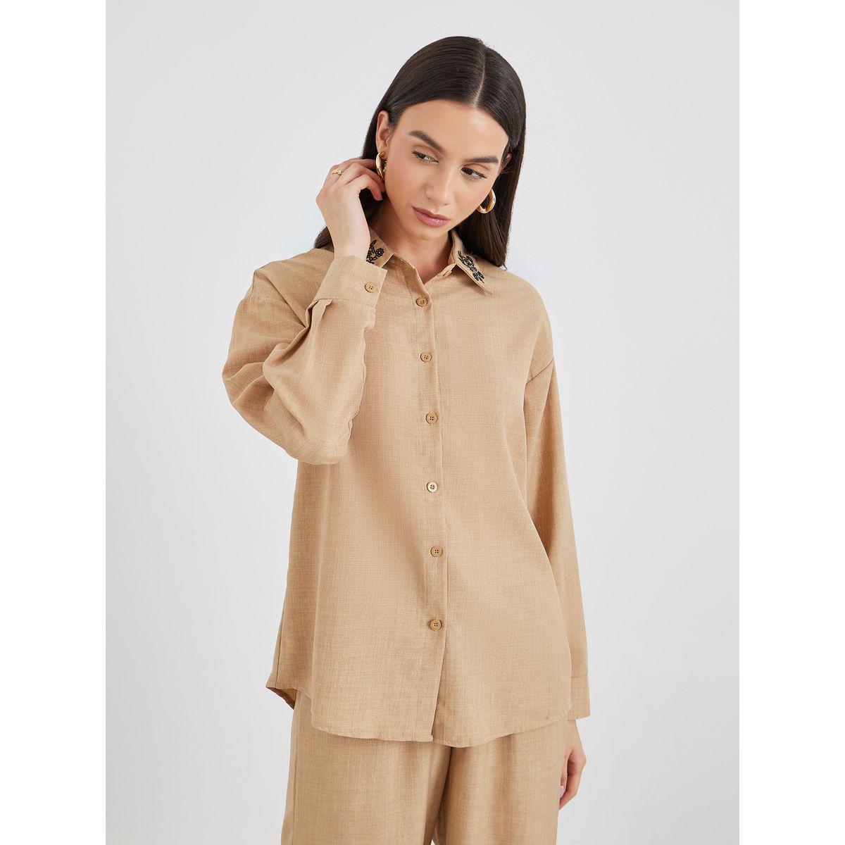 Styli Embroidered Collar Detail Shirt and Pants Co-Ords-women-clothing-coordsets-image-3
