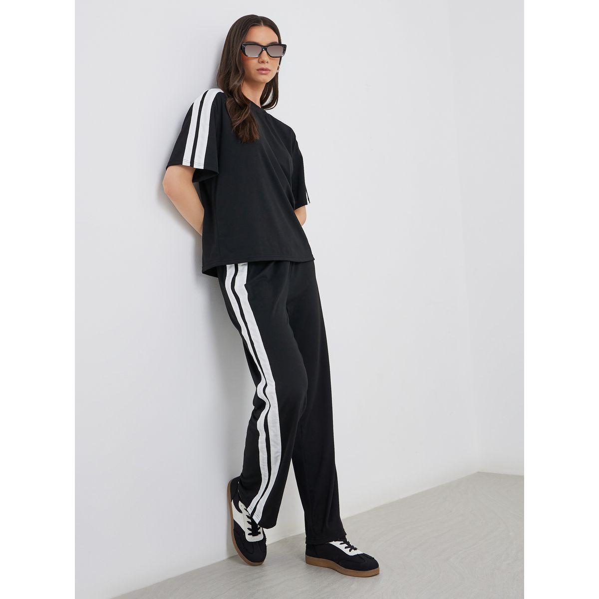 Styli Side Striped Panel Regular T-Shirt and Joggers Co-Ords-women-clothing-coordsets-image-1