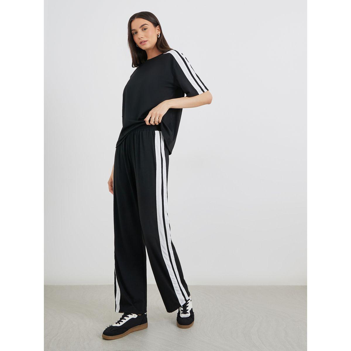 Styli Side Striped Panel Regular T-Shirt and Joggers Co-Ords-women-clothing-coordsets-image-2