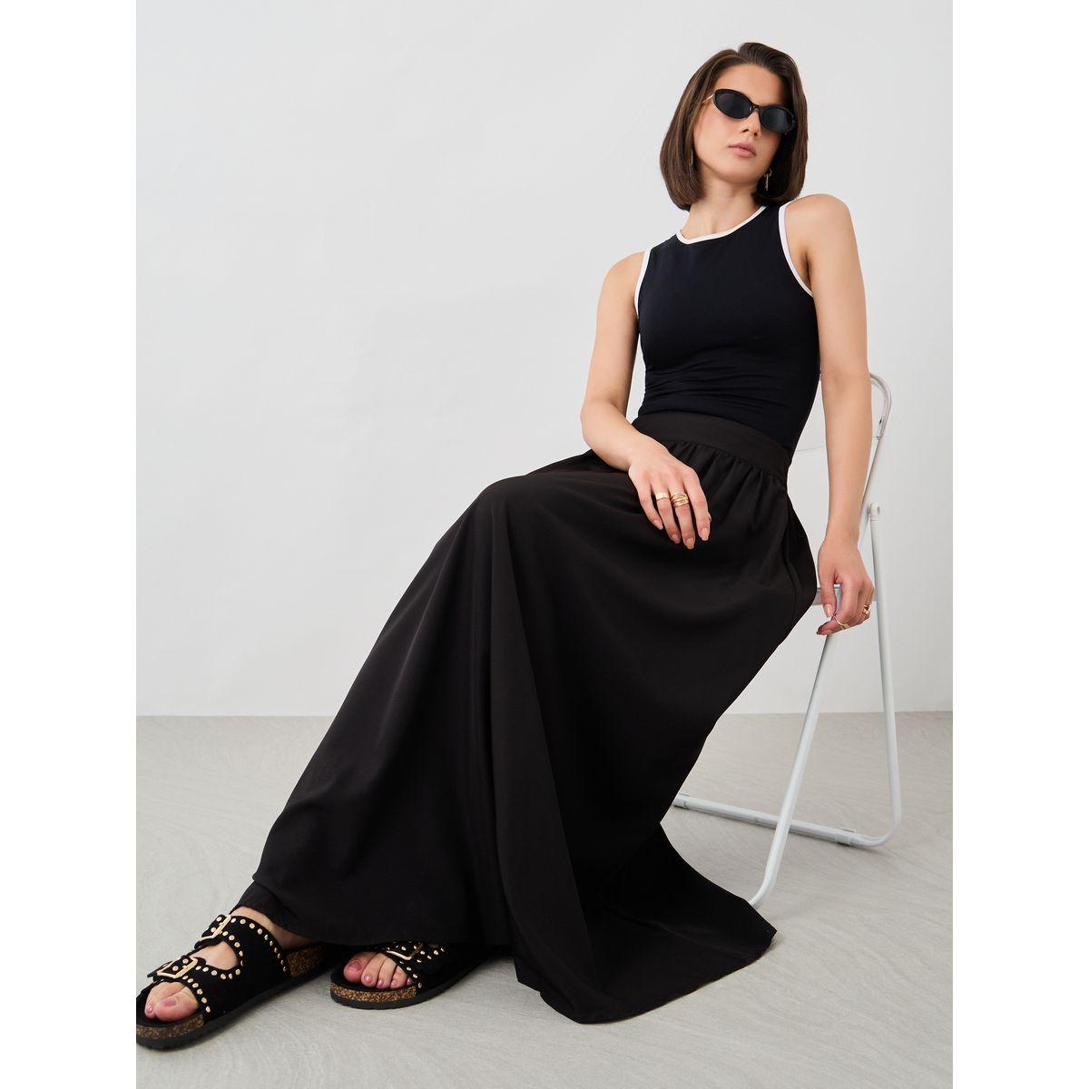 Styli Solid Elasticated Waistband A-Line Maxi Skirts-women-clothing-bottoms-skirts-image-1