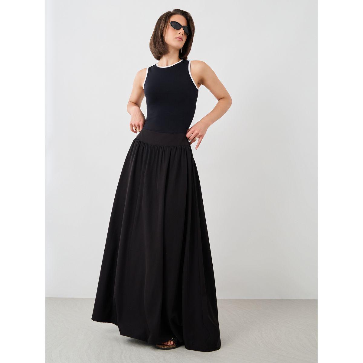 Styli Solid Elasticated Waistband A-Line Maxi Skirts-women-clothing-bottoms-skirts-image-2