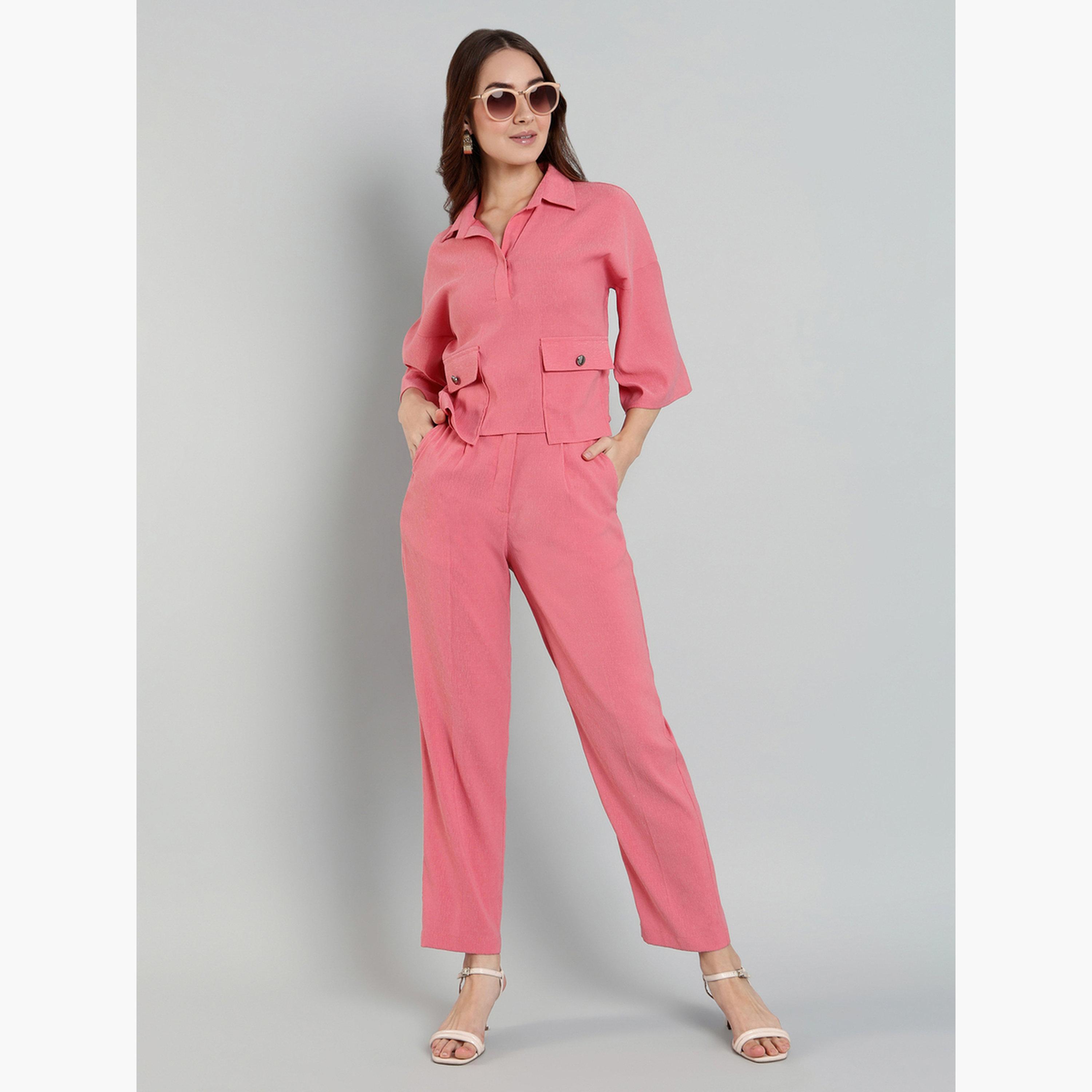 SYVA X Styli Women Pink Buttoned Shirt and Pants Co-Ords-women-clothing-coordsets-image-1