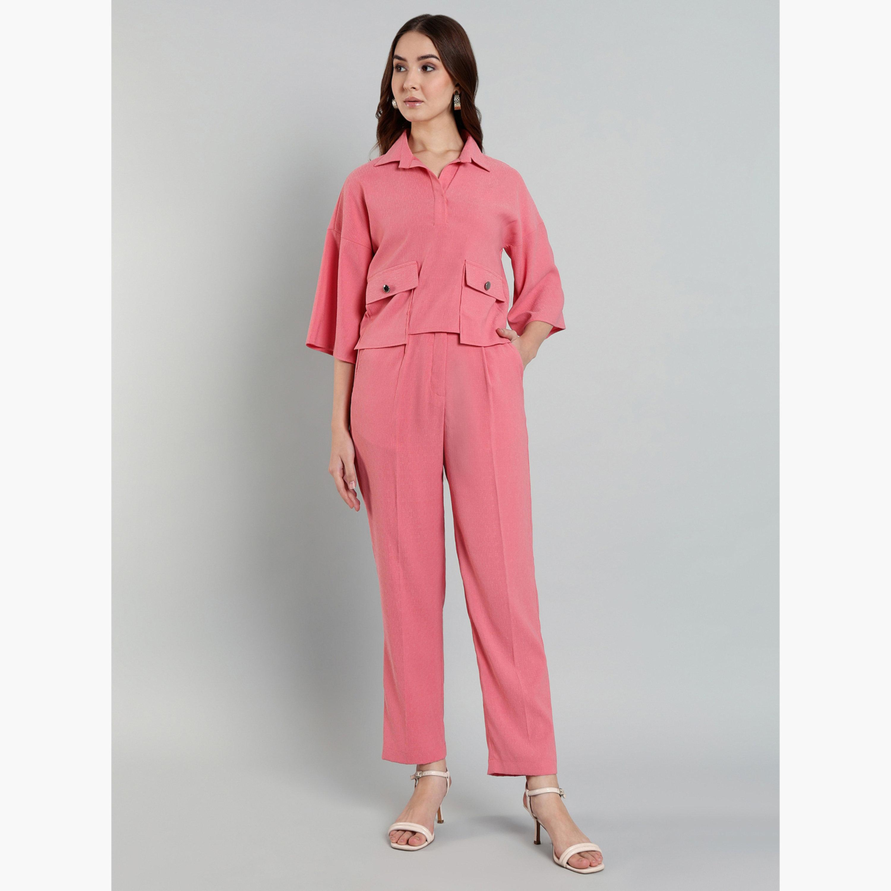 SYVA X Styli Women Pink Buttoned Shirt and Pants Co-Ords-women-clothing-coordsets-image-2