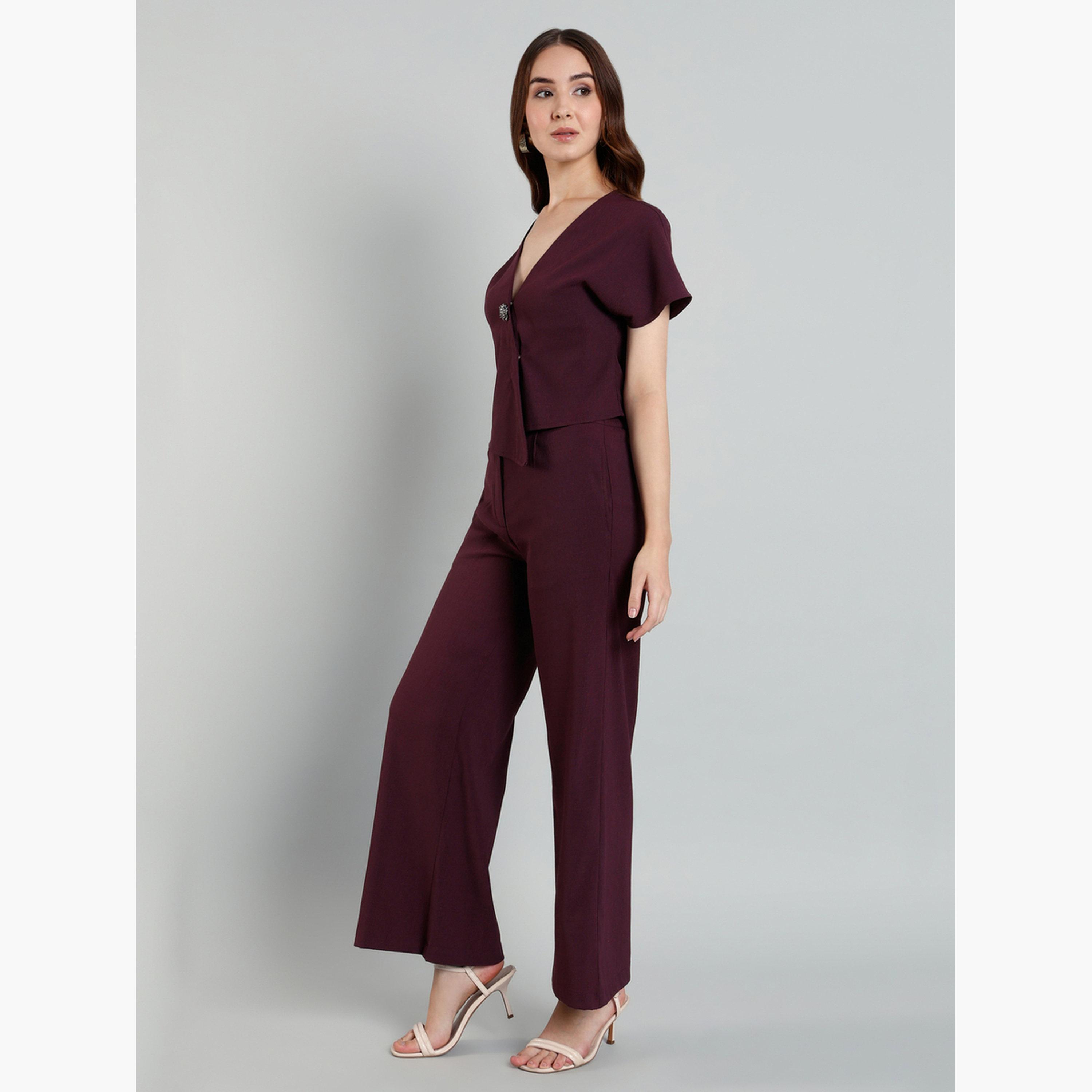 سيفا × ستايلي - بلوزة بتفاصيل بروش وبنطال واسع الساق-women-clothing-coordsets-image-4