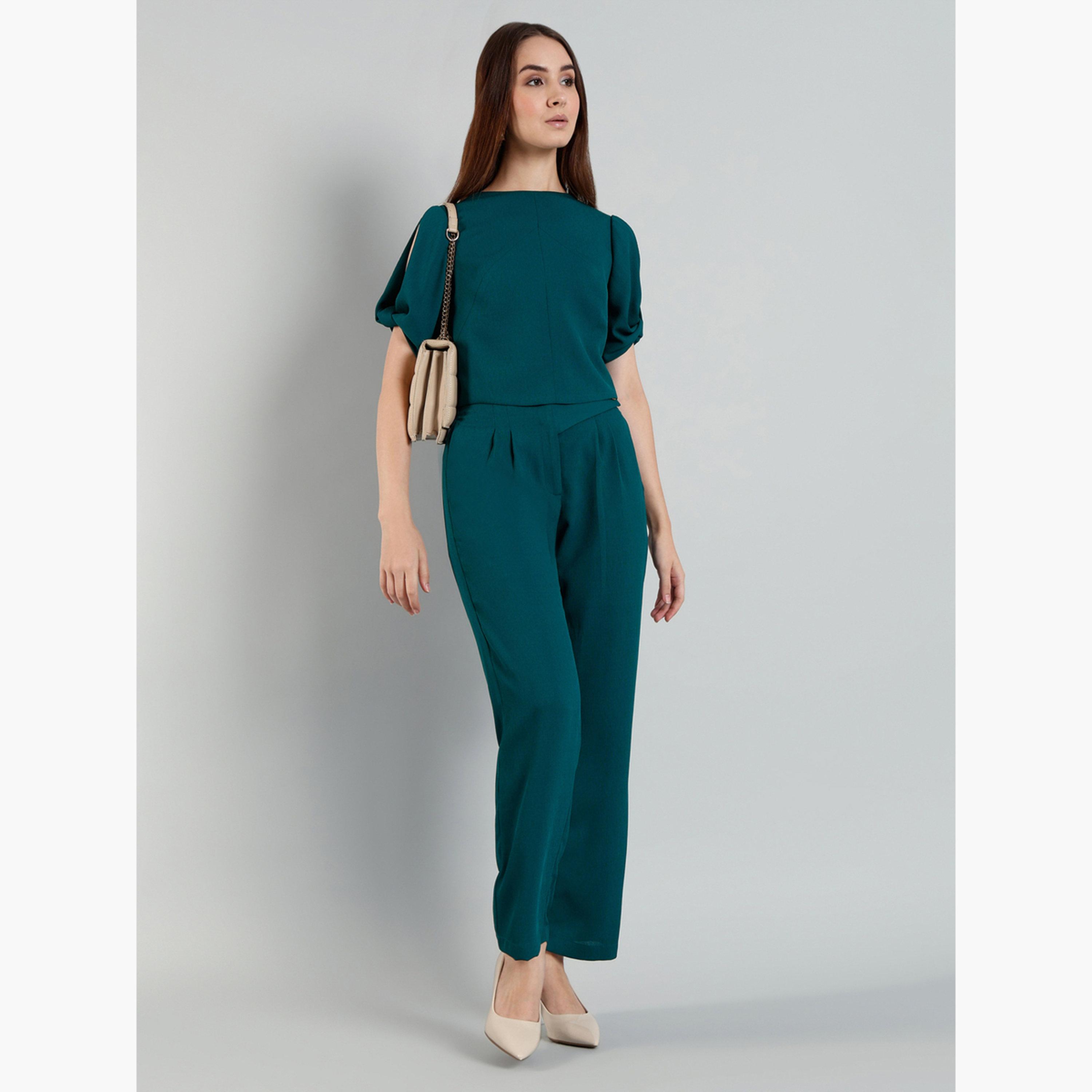 سيفا × ستايلي - قميص بأكمام منفوخة وبنطال باللون الأخضر-women-clothing-coordsets-image-1