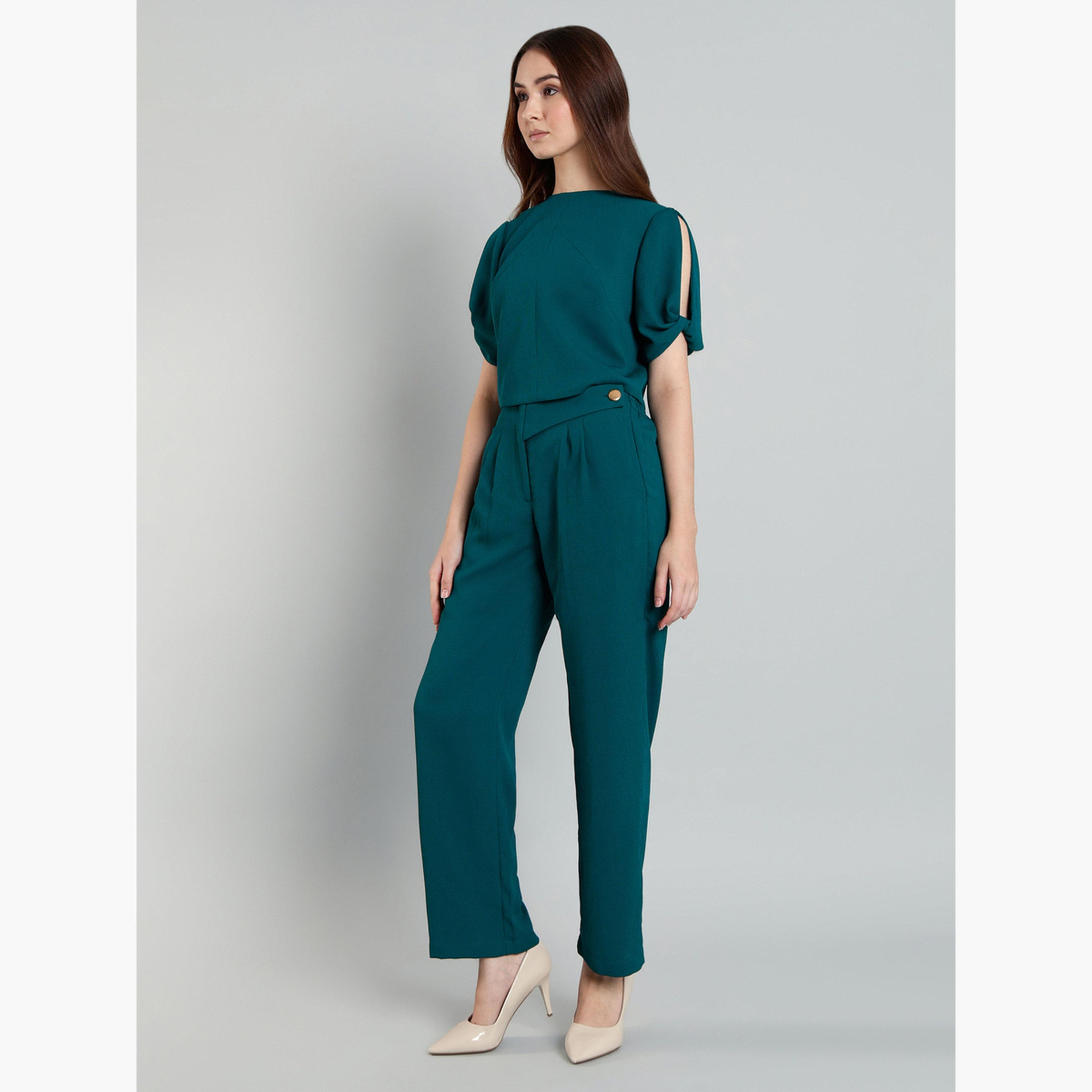 سيفا × ستايلي - قميص بأكمام منفوخة وبنطال باللون الأخضر-women-clothing-coordsets-image-3