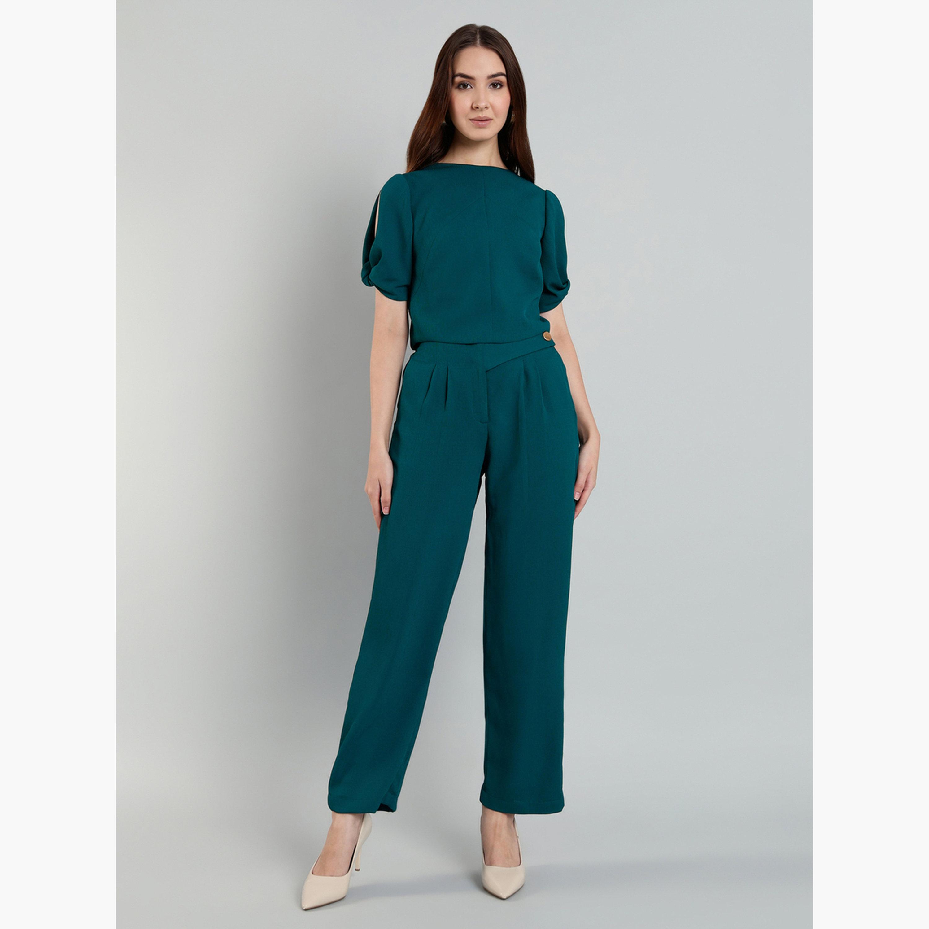 سيفا × ستايلي - قميص بأكمام منفوخة وبنطال باللون الأخضر-women-clothing-coordsets-image-4