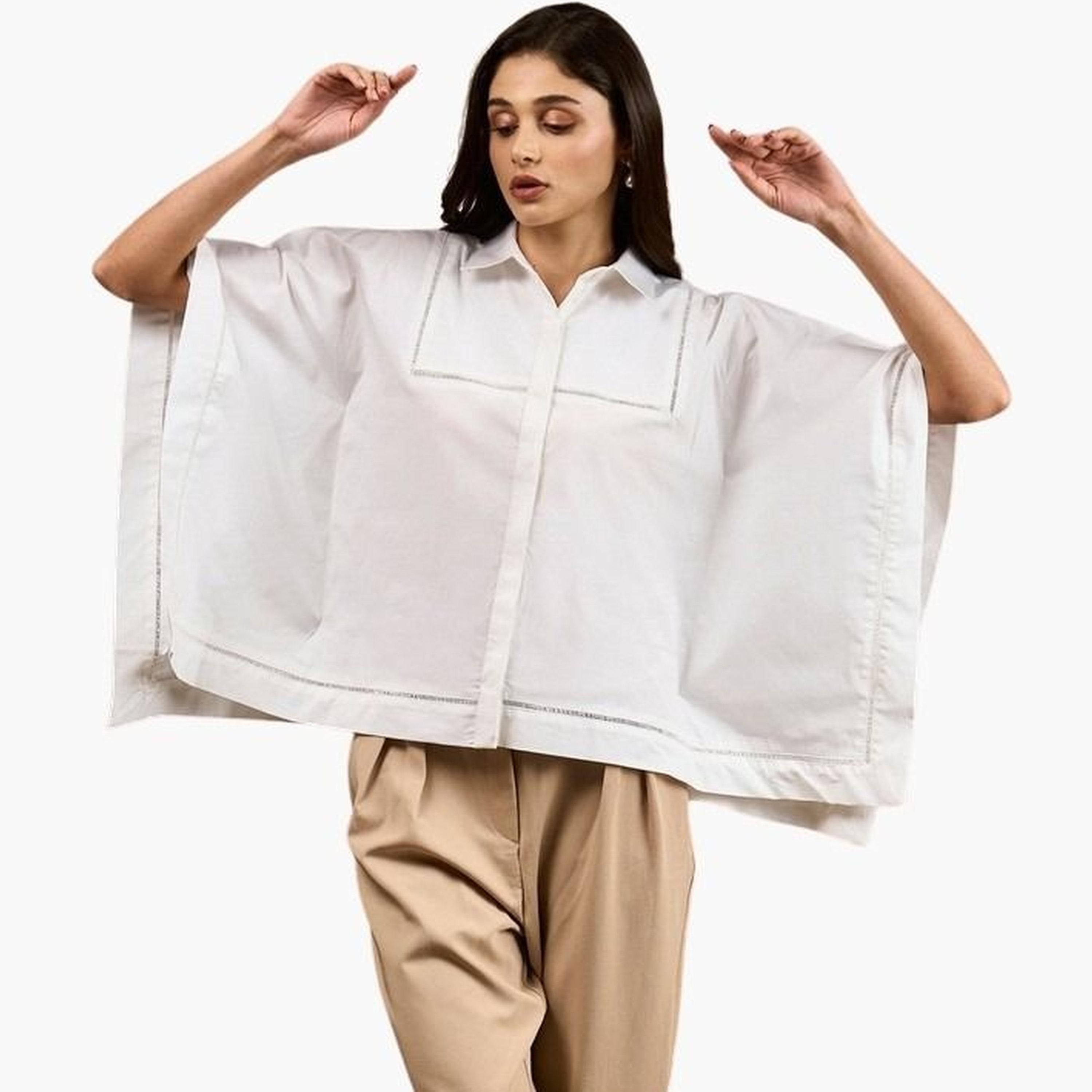 سيفا × ستايلي - قفطان أبيض بأكمام قصيرة مع تفاصيل دانتيل-women-clothing-shirtsandblouses-blouses-image-1