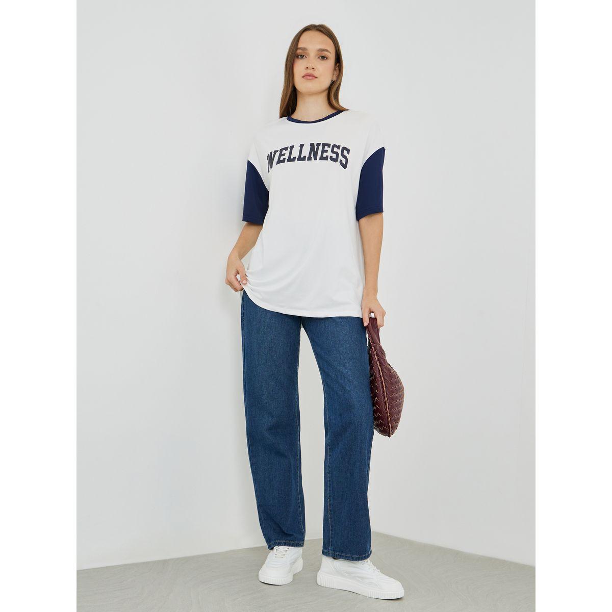 Styli Slogan Print Color Block Round Neck T-Shirt-women-clothing-tshirts-image-2