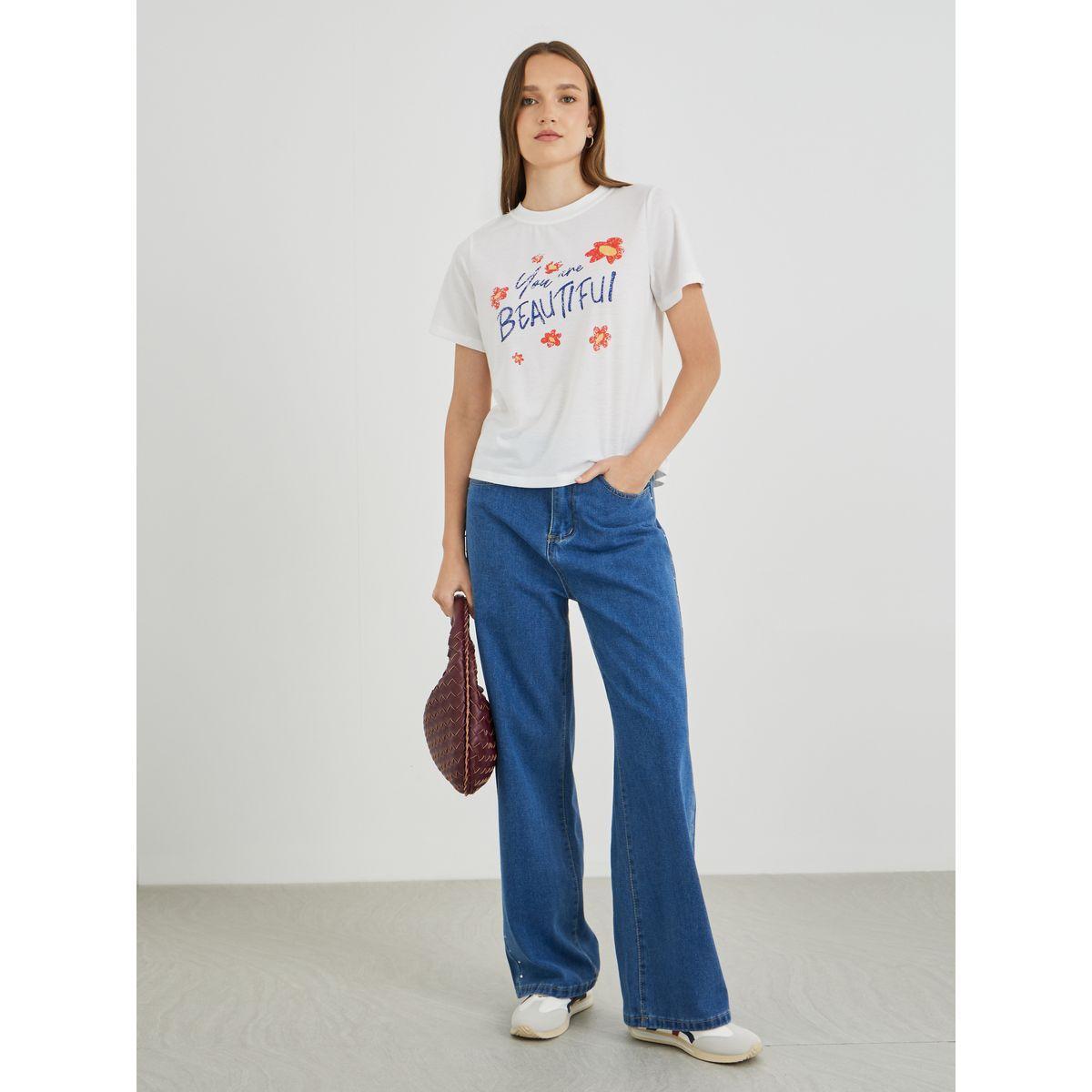 تيشيرت بطبعة كتابة وأكمام قصيرة-women-clothing-tshirts-image-2