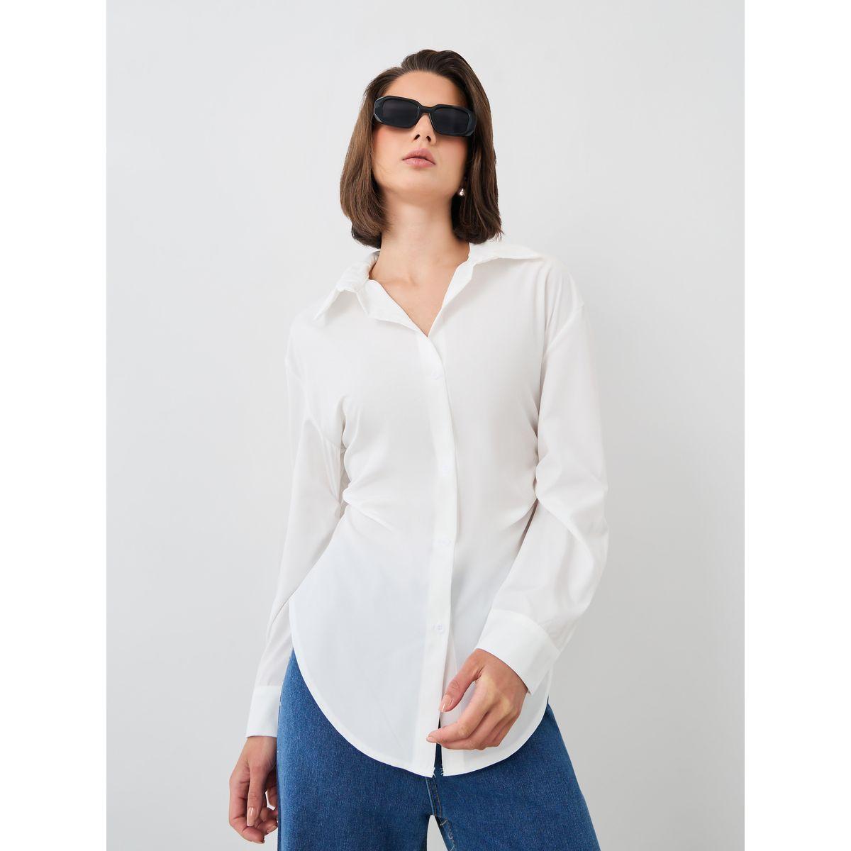 Styli Solid Gathered Detail Spread Collar Shirt-women-clothing-shirtsandblouses-shirts-image-1