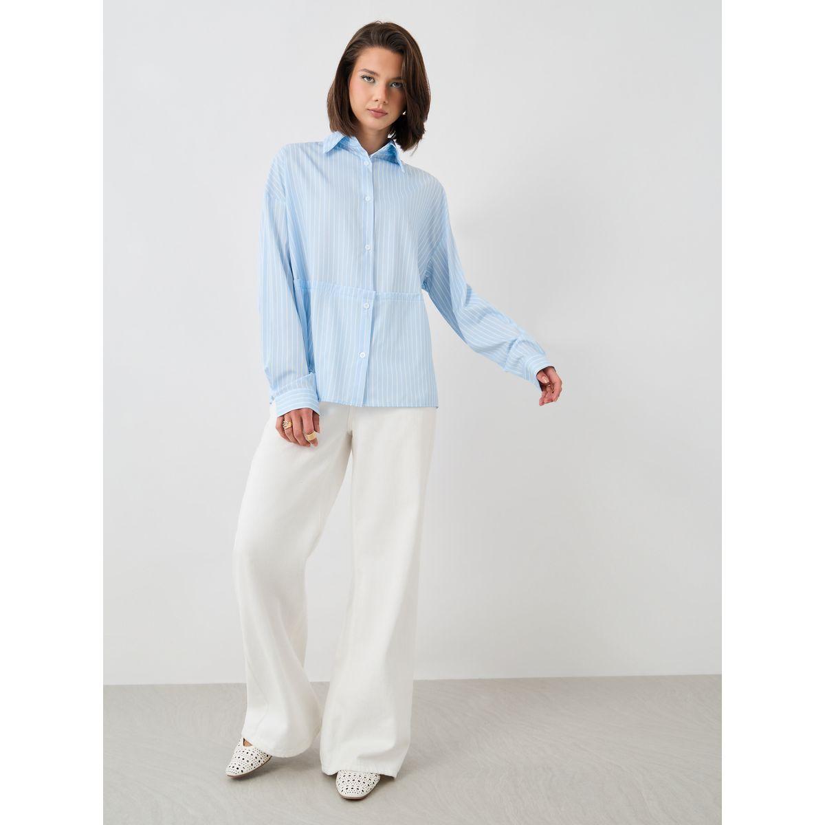 بلوزة فضفاضة مخططة بياقة سبريد-women-clothing-shirtsandblouses-shirts-image-2