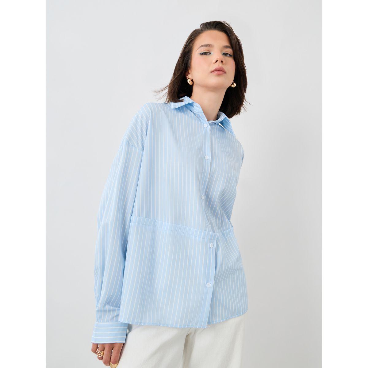 بلوزة فضفاضة مخططة بياقة سبريد-women-clothing-shirtsandblouses-shirts-image-3