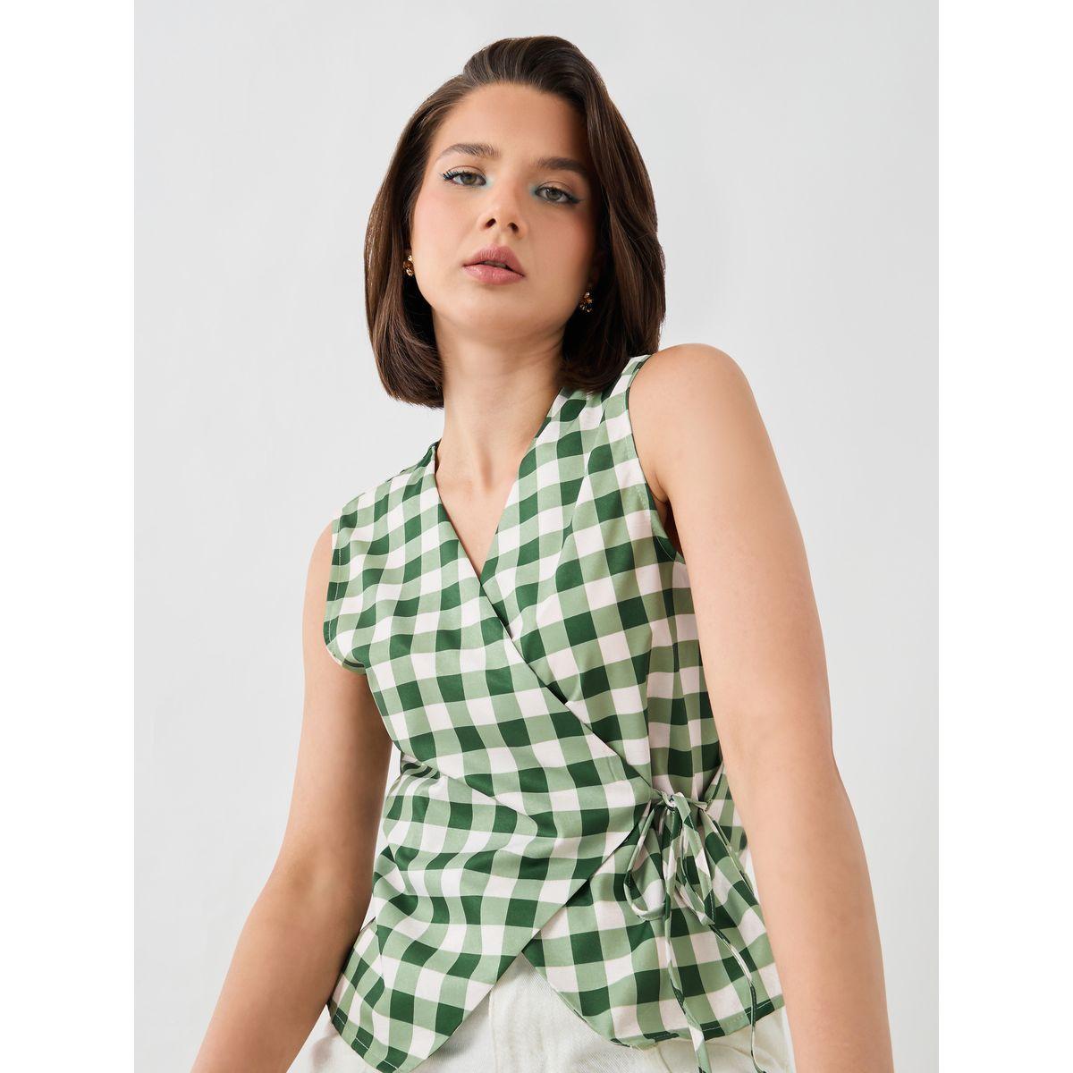 بلوزة بلا أكمام بنمط مربعات مع أربطة-women-clothing-shirtsandblouses-blouses-image-1