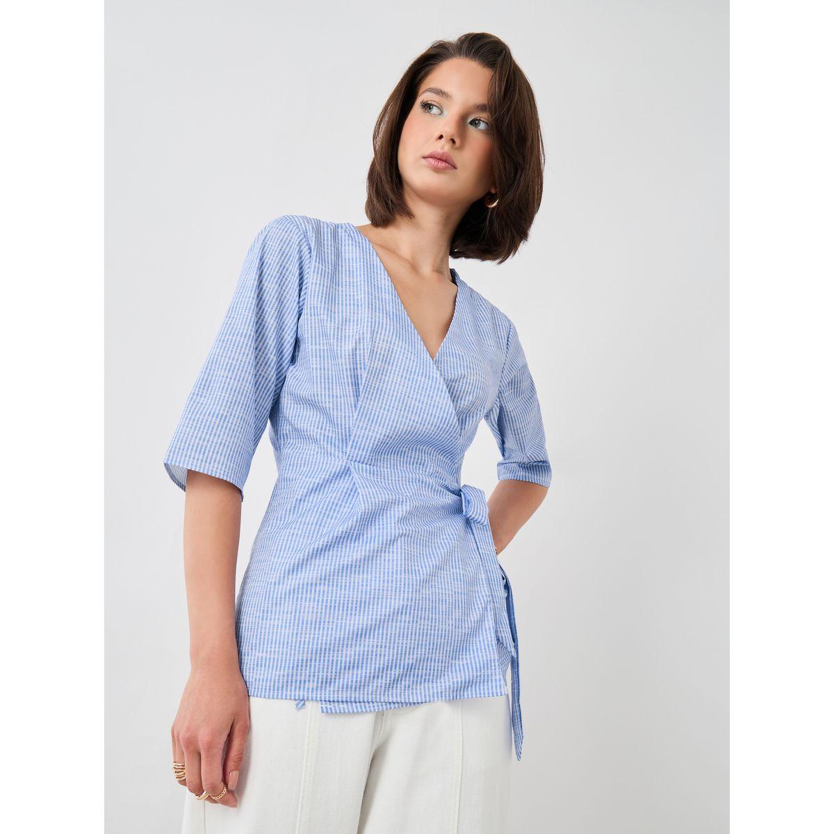 Styli Striped V-Neck Short Sleeve Wrap Top-women-clothing-shirtsandblouses-blouses-image-1