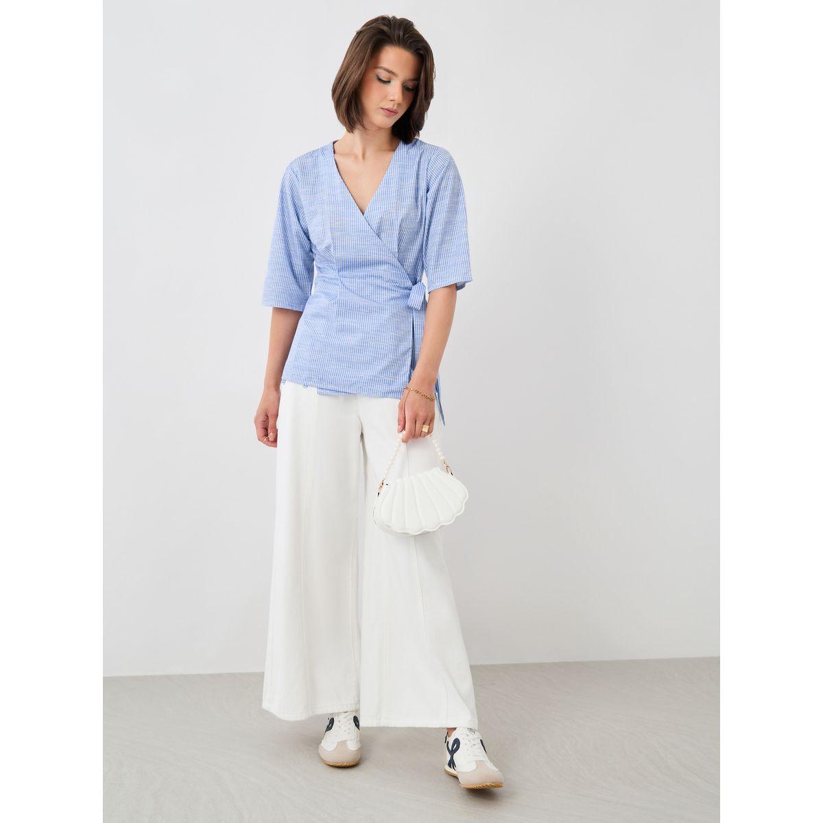 Styli Striped V-Neck Short Sleeve Wrap Top-women-clothing-shirtsandblouses-blouses-image-2