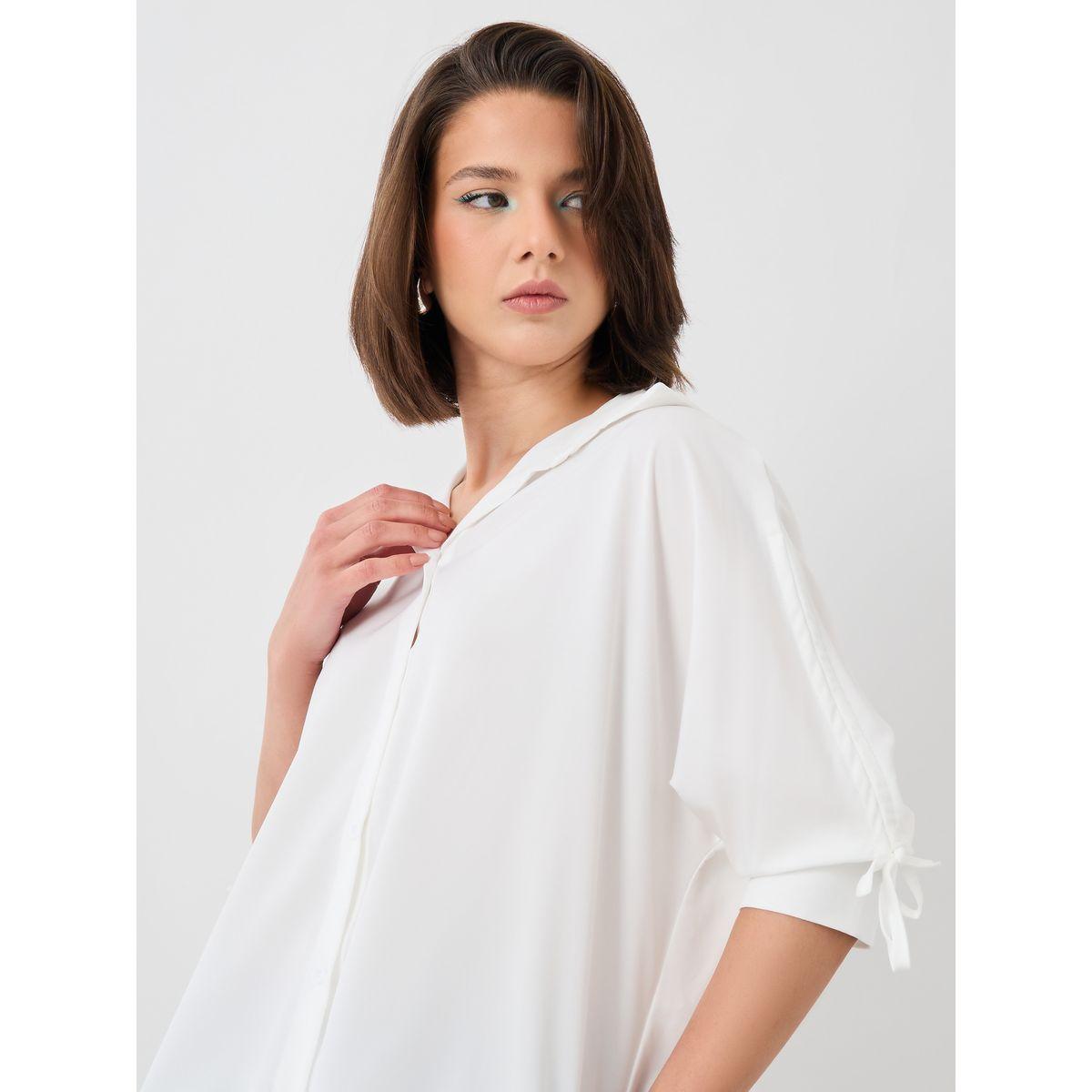 بلوزة سادة بياقة سبريد وأكمام بأربطة-women-clothing-shirtsandblouses-shirts-image-1