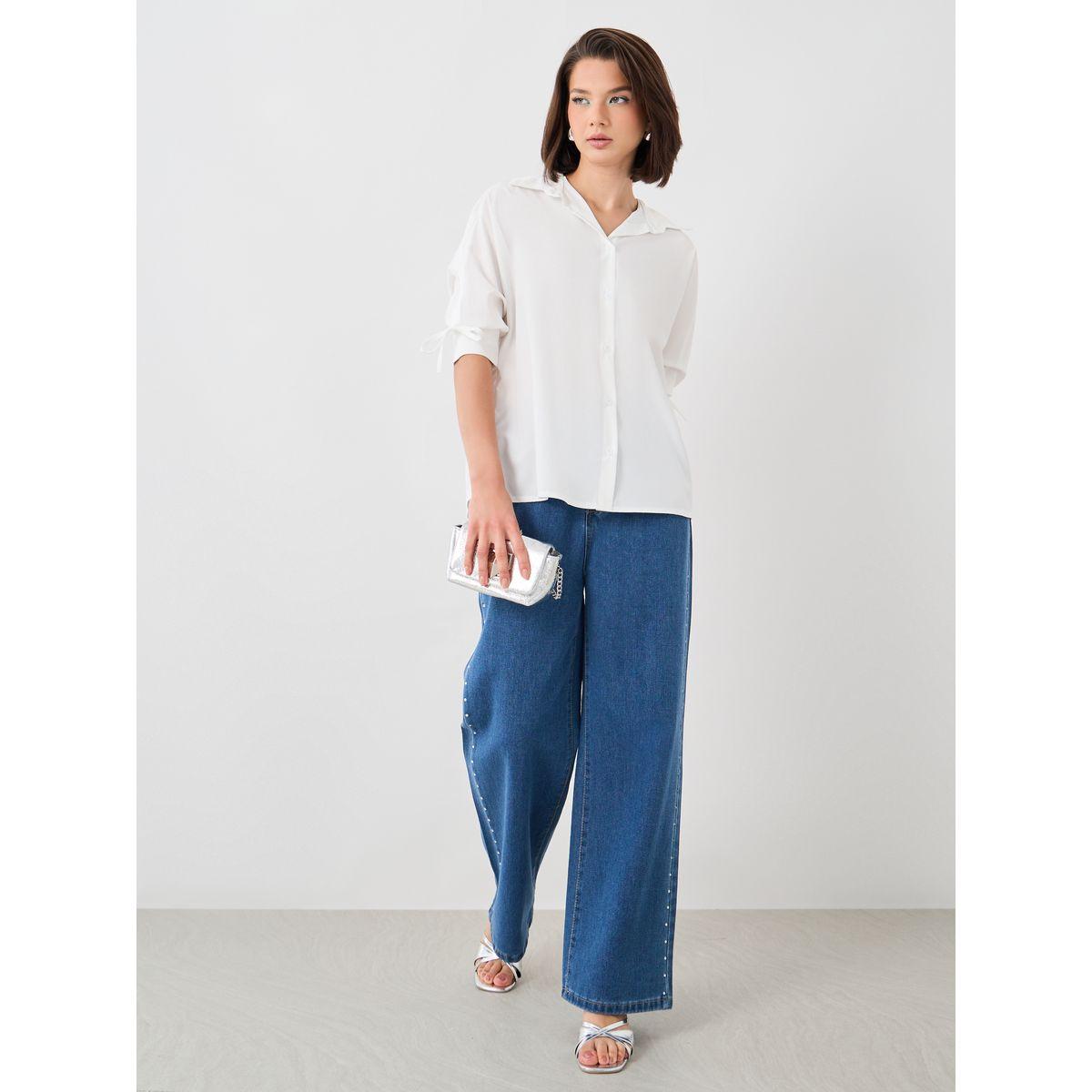 بلوزة سادة بياقة سبريد وأكمام بأربطة-women-clothing-shirtsandblouses-shirts-image-2