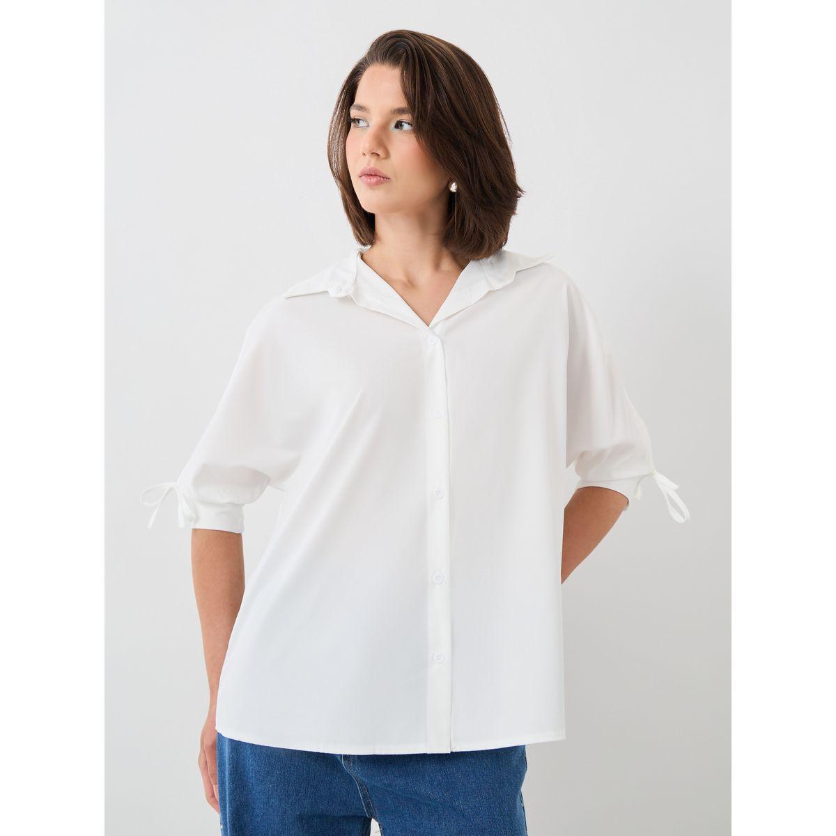 بلوزة سادة بياقة سبريد وأكمام بأربطة-women-clothing-shirtsandblouses-shirts-image-3