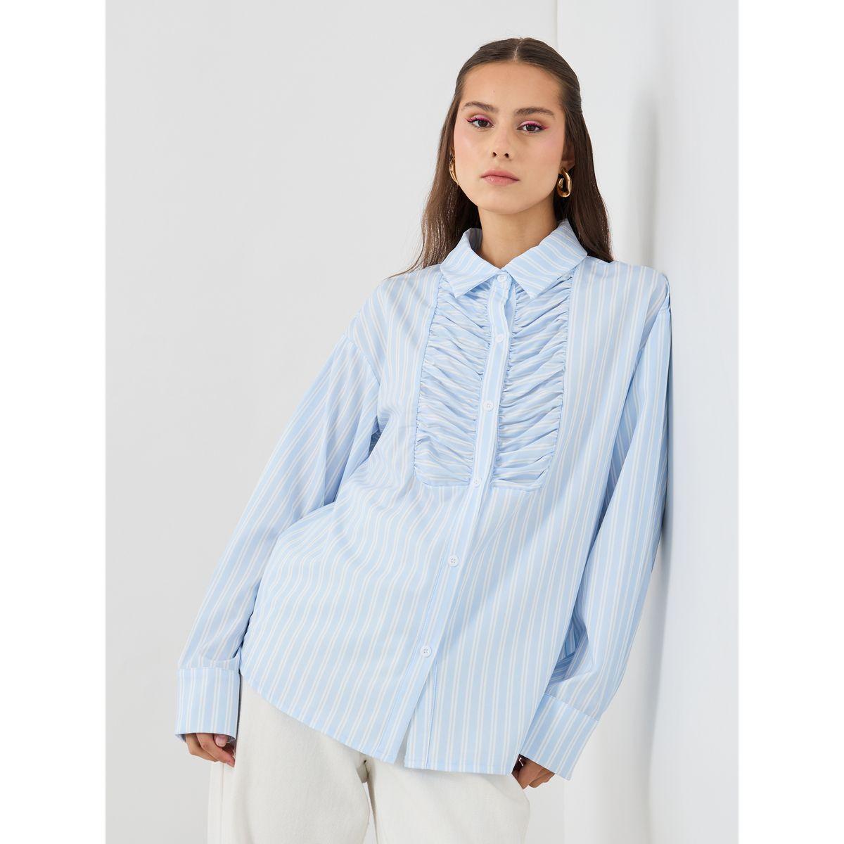 Styli Striped Spread Collar Oversized Shirt with Gathered Detail-women-clothing-shirtsandblouses-shirts-image-1