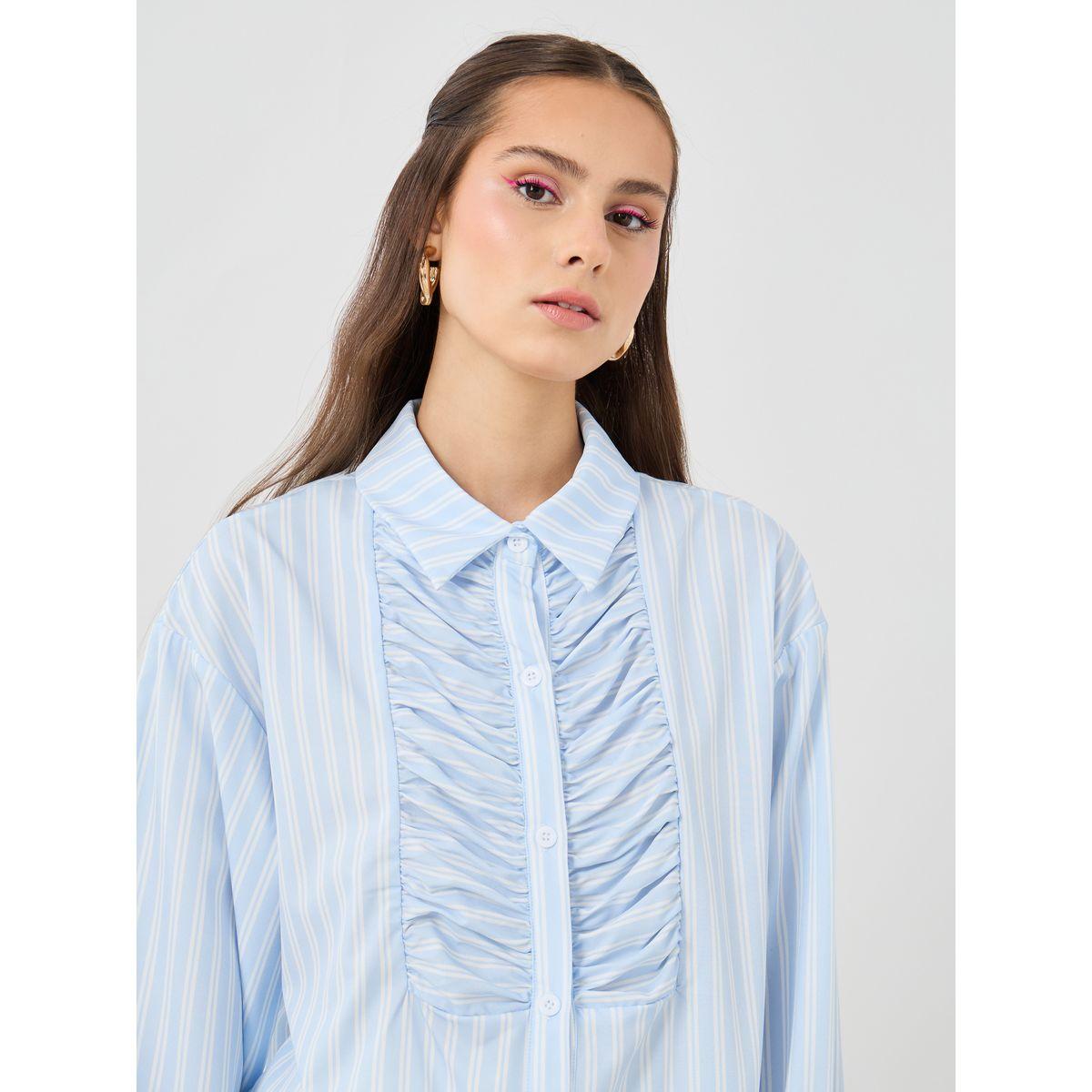 بلوزة مخططة فضفاضة بياقة سبريد وتفاصيل مُجمعة-women-clothing-shirtsandblouses-shirts-image-3