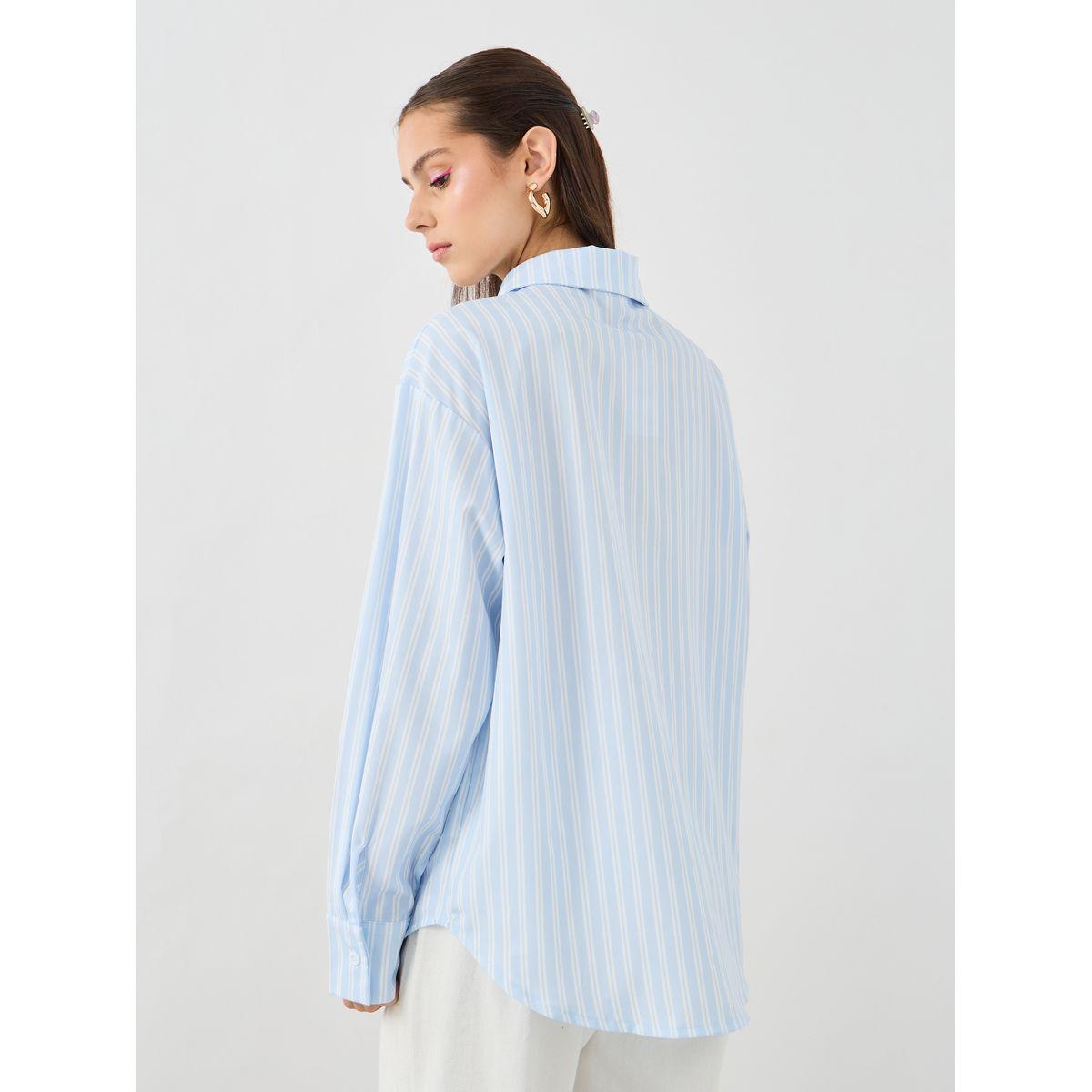 Styli Striped Spread Collar Oversized Shirt with Gathered Detail-women-clothing-shirtsandblouses-shirts-image-5