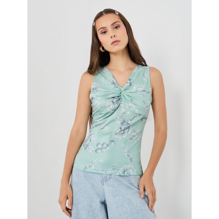 بلوزة بلا أكمام مطبعة بزهور مع تفاصيل ملفوفة-women-clothing-shirtsandblouses-blouses-image-1