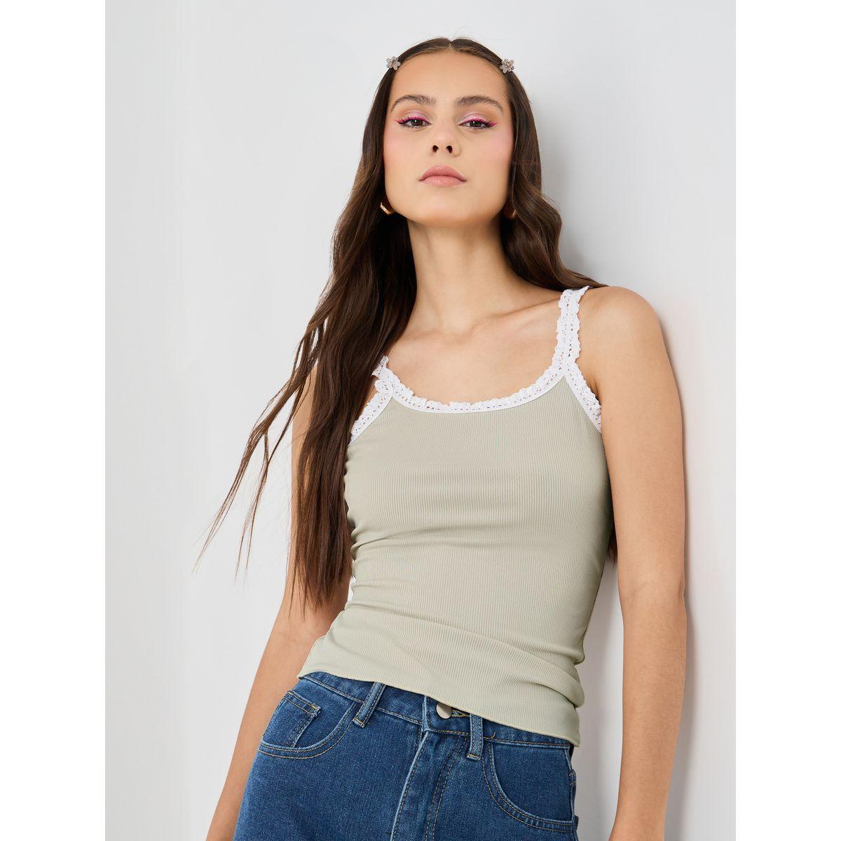 Styli Texture Lace Trim Strappy Cami Top-women-clothing-tshirts-image-1