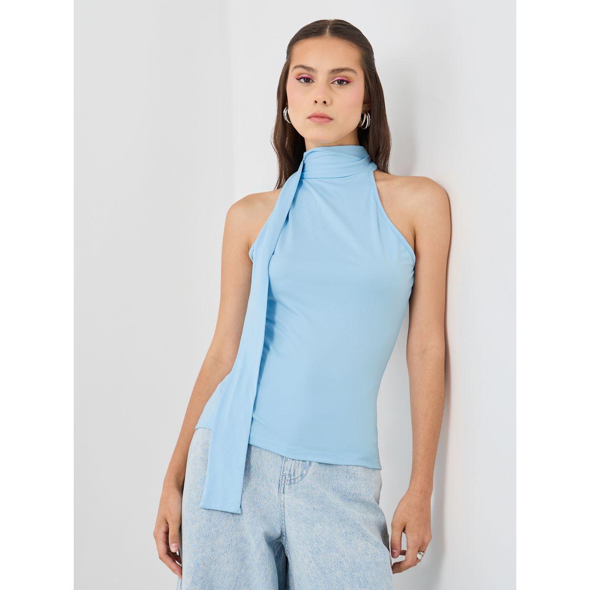 بلوزة سادة بلا أكمام بياقة عالية وأربطة-women-clothing-shirtsandblouses-blouses-image-1