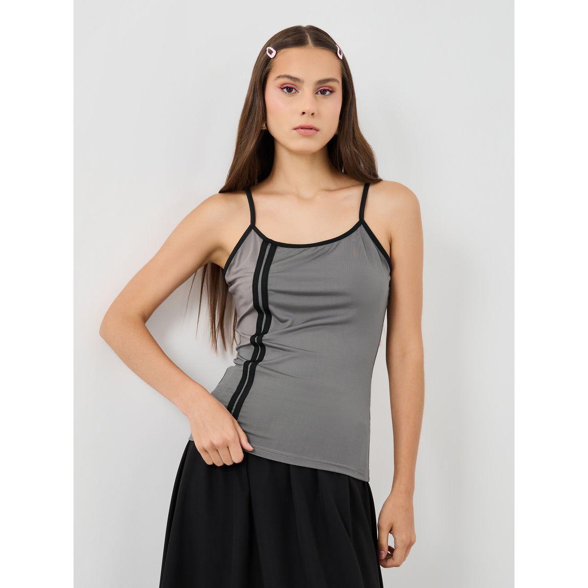 Styli Striped Contrast Trim Strappy Cami Top-women-clothing-tshirts-image-1
