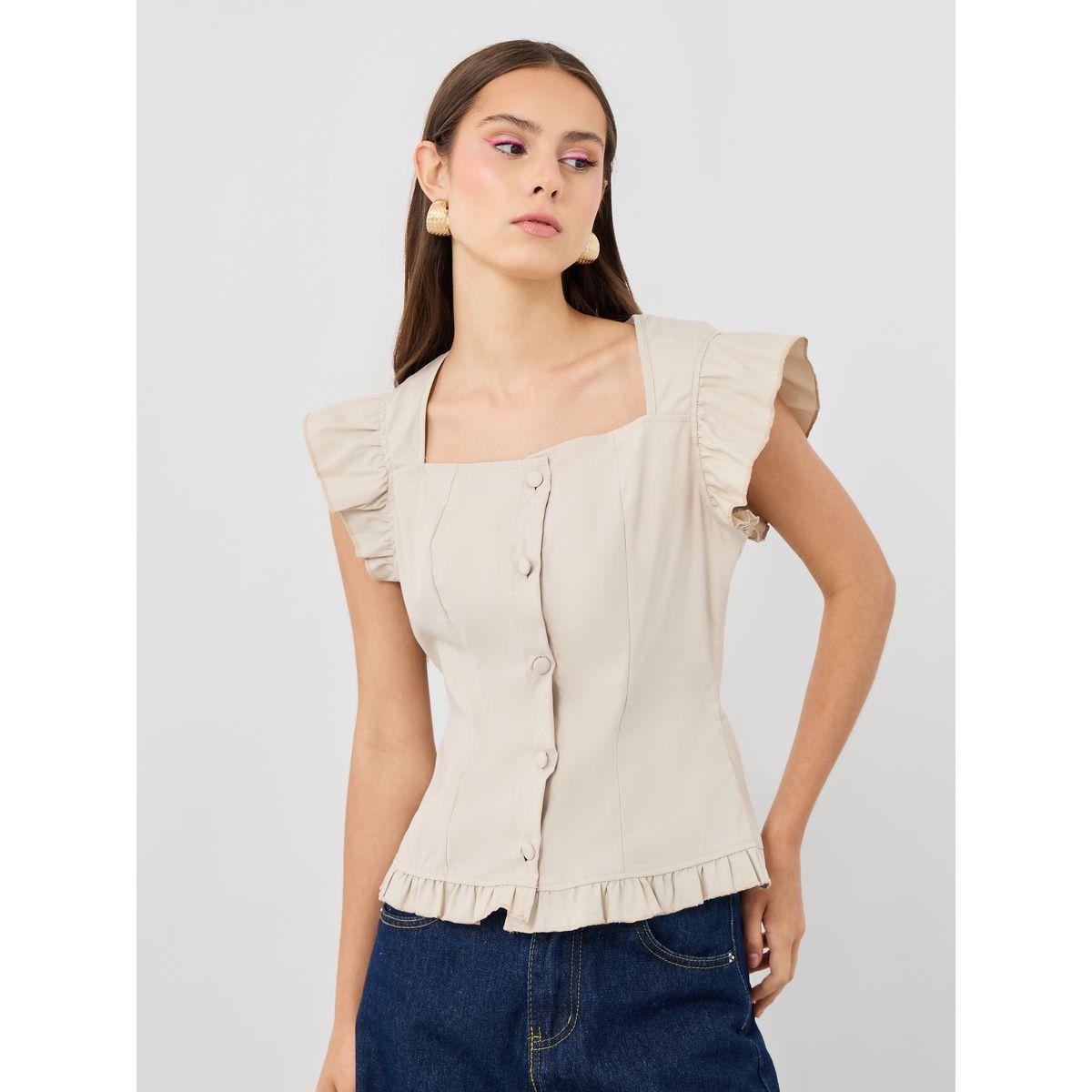 Styli Solid Square Neck Ruffled Sleeve Buttoned Top-women-clothing-shirtsandblouses-blouses-image-1