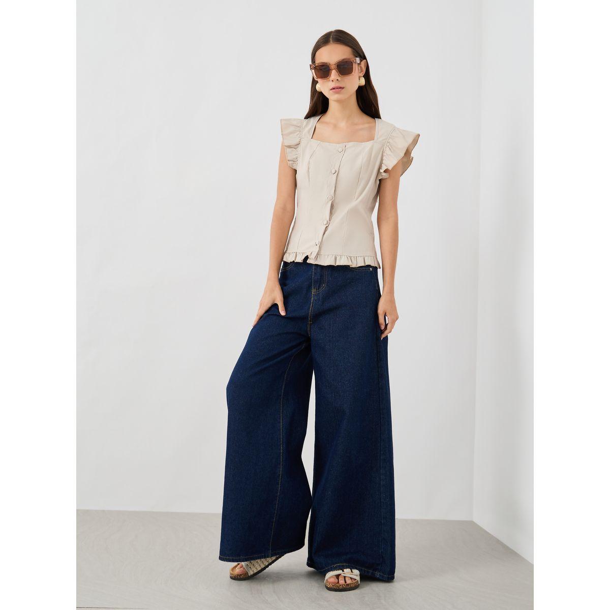 Styli Solid Square Neck Ruffled Sleeve Buttoned Top-women-clothing-shirtsandblouses-blouses-image-2