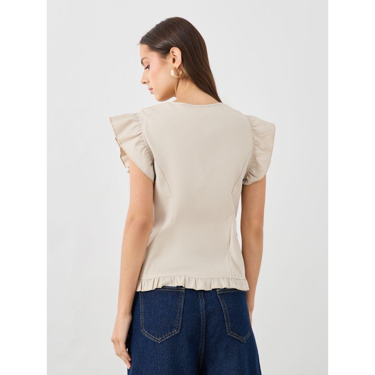 Styli Solid Square Neck Ruffled Sleeve Buttoned Top-women-clothing-shirtsandblouses-blouses-image-4