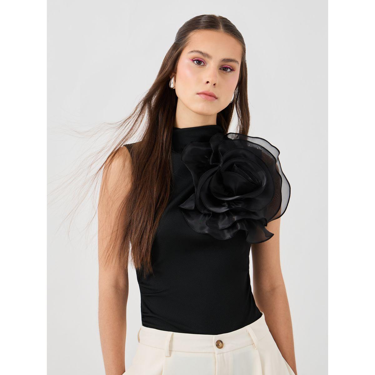 Styli Solid Sleeveless Top with Flower Corsage Detail-women-clothing-shirtsandblouses-blouses-image-1