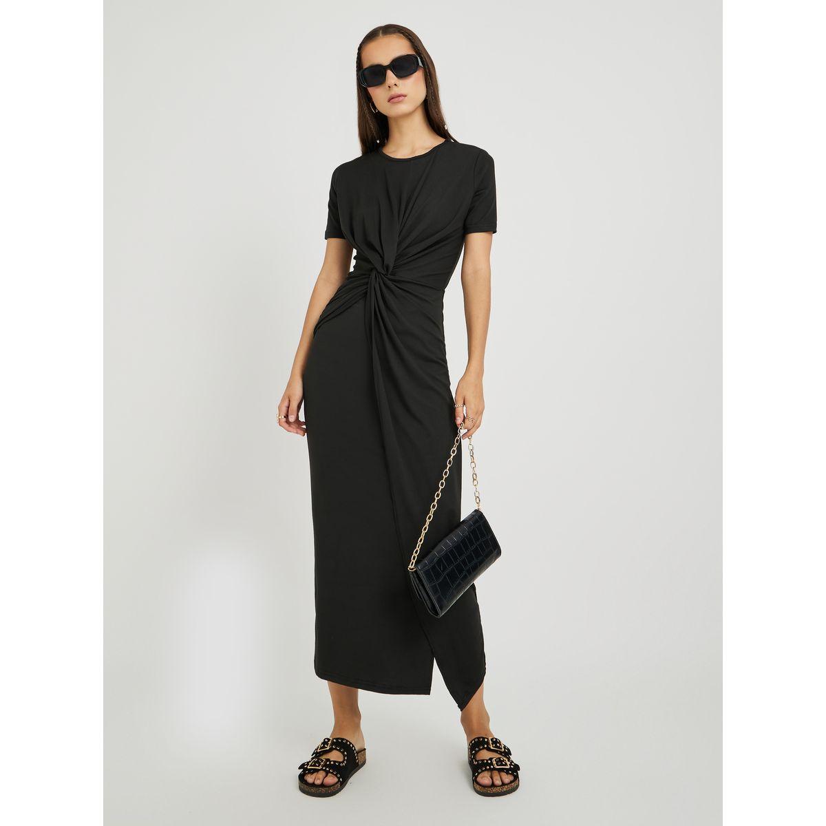 فستان ميدي سادة بياقة دائرية وتفاصيل ملفوفة-women-clothing-dresses-image-1