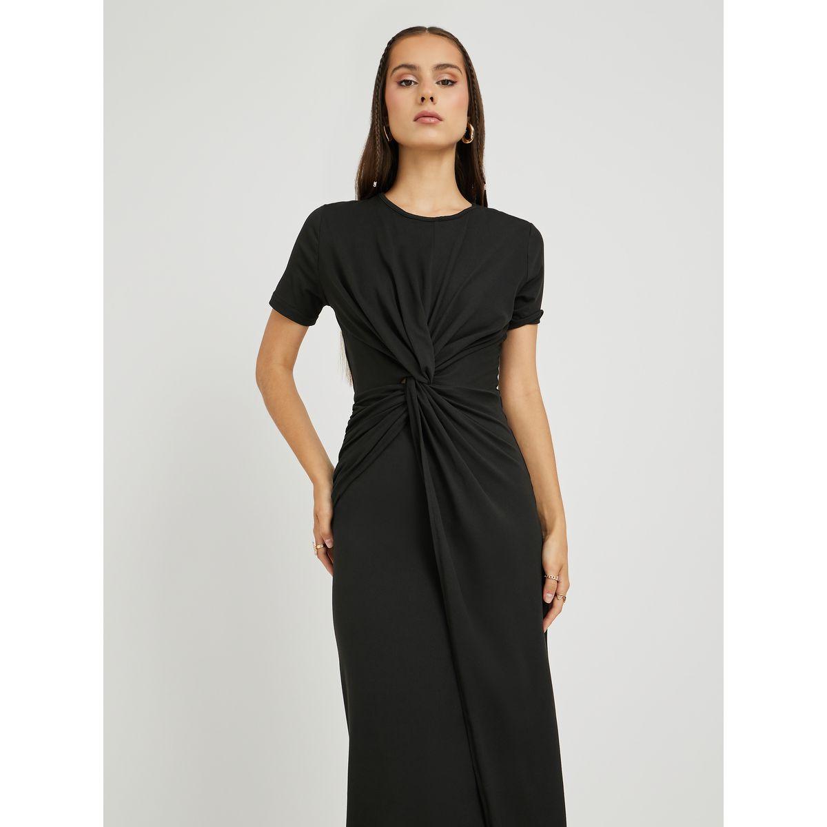Styli Solid Round Neck Front Twist Detail Midi Dress-women-clothing-dresses-image-2