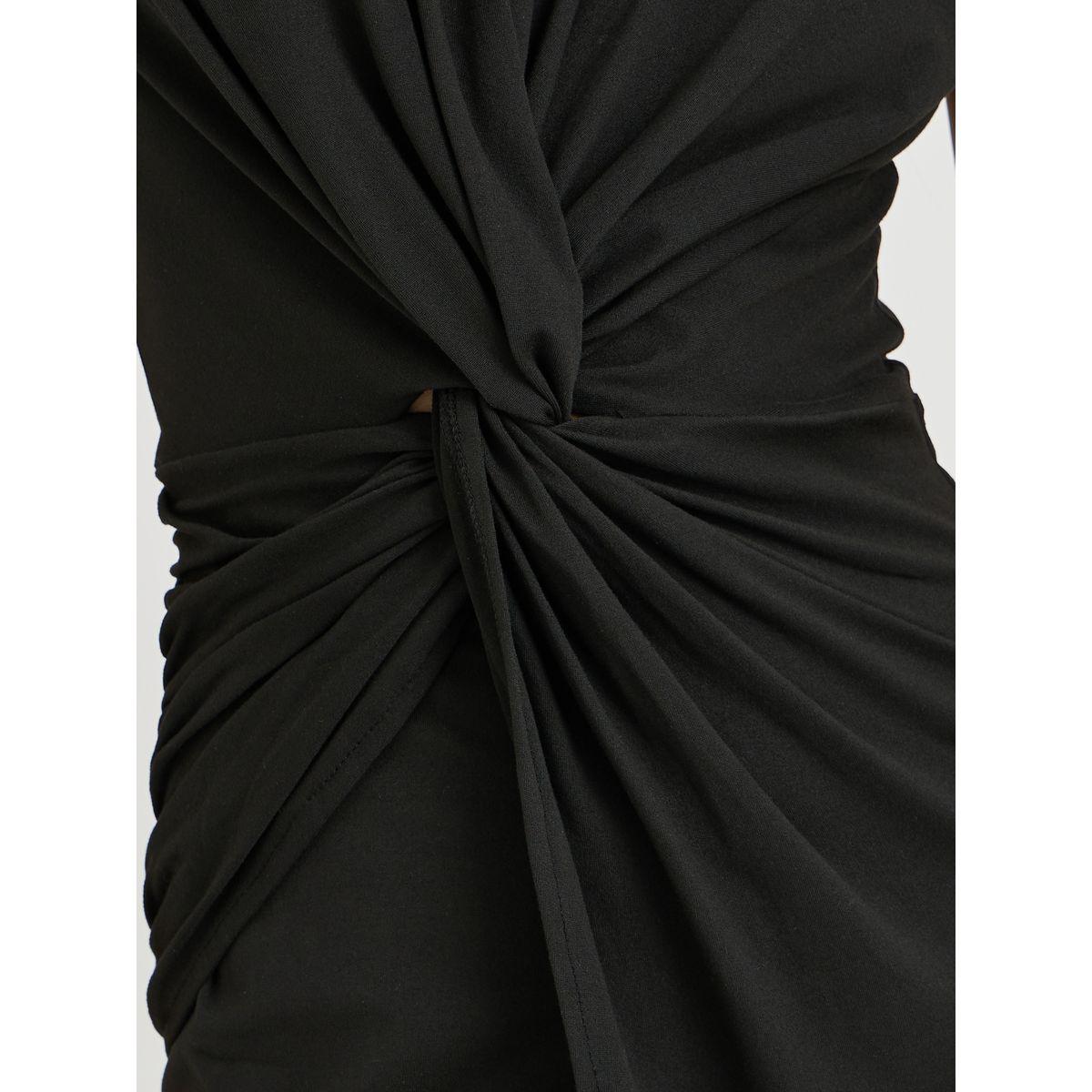 فستان ميدي سادة بياقة دائرية وتفاصيل ملفوفة-women-clothing-dresses-image-3