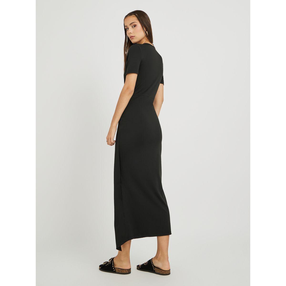 فستان ميدي سادة بياقة دائرية وتفاصيل ملفوفة-women-clothing-dresses-image-4