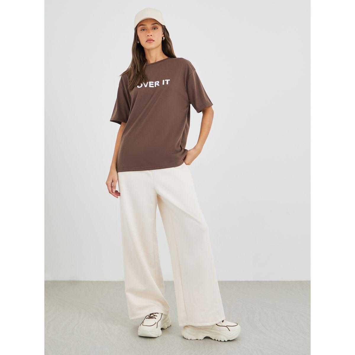 Styli Women Brown Slogan Print Oversized T-Shirt-women-clothing-tshirts-image-2