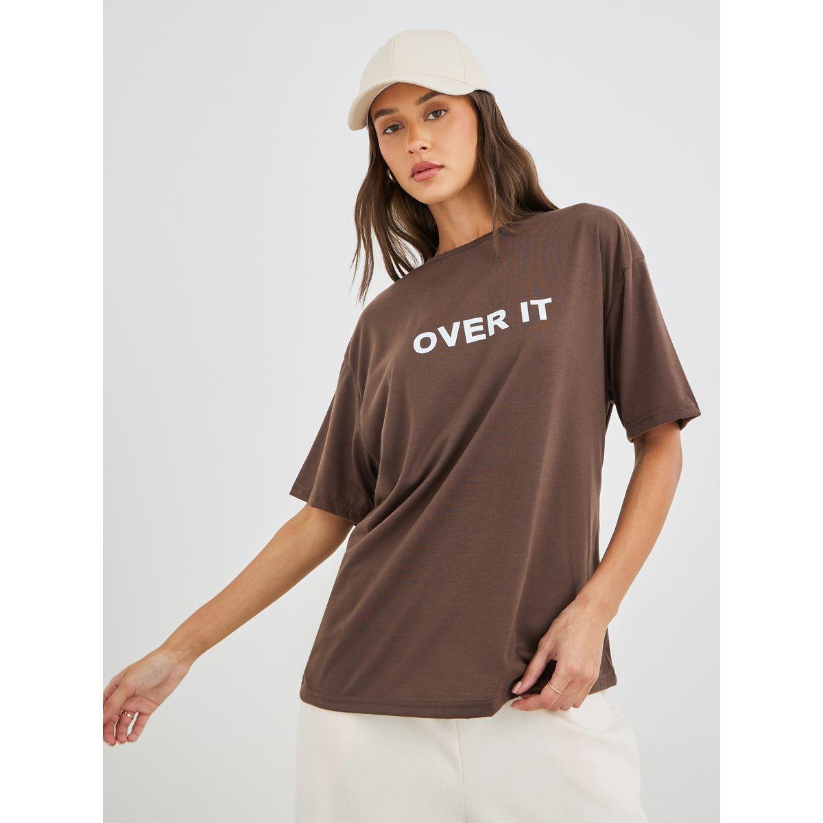 Styli Women Brown Slogan Print Oversized T-Shirt-women-clothing-tshirts-image-3