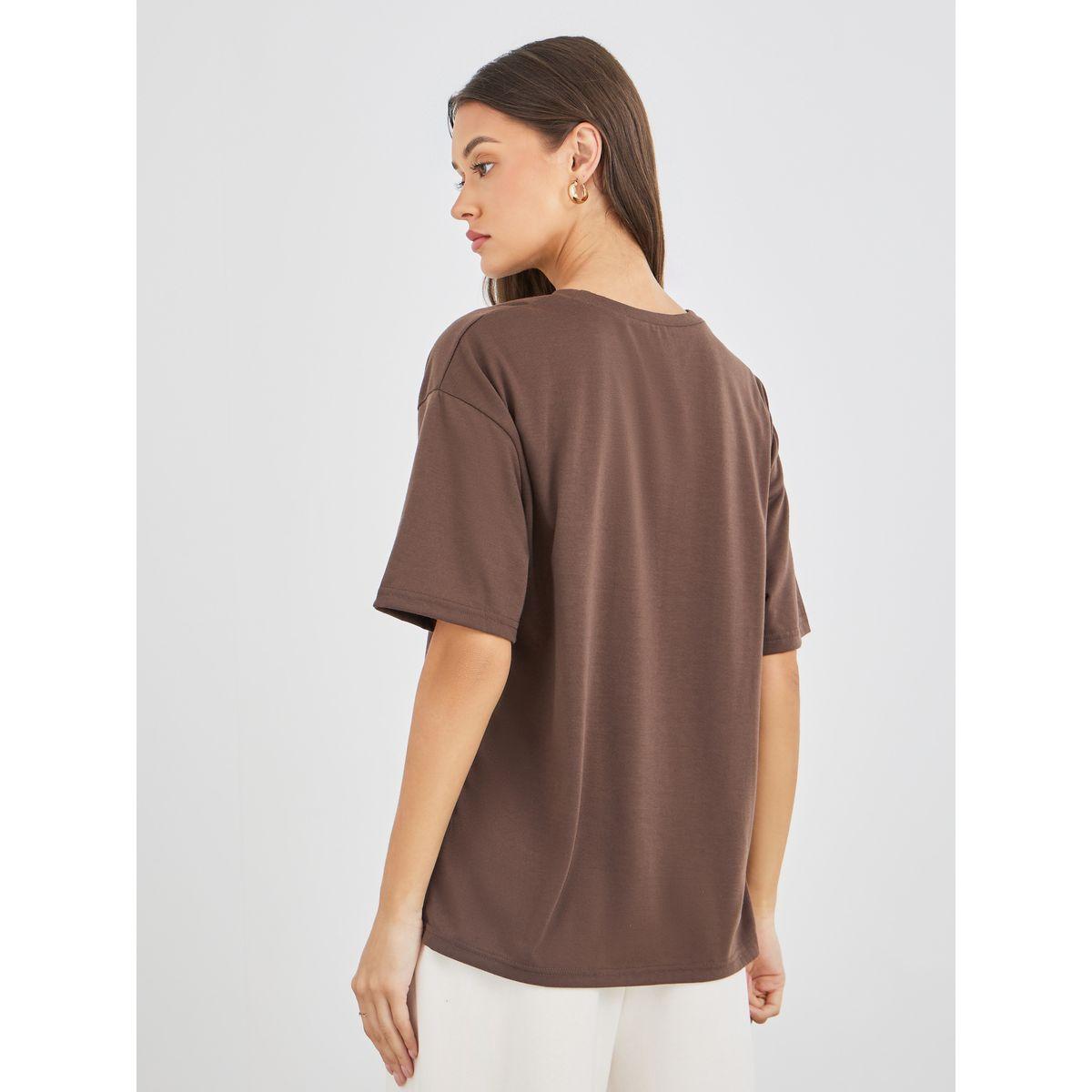 Styli Women Brown Slogan Print Oversized T-Shirt-women-clothing-tshirts-image-5