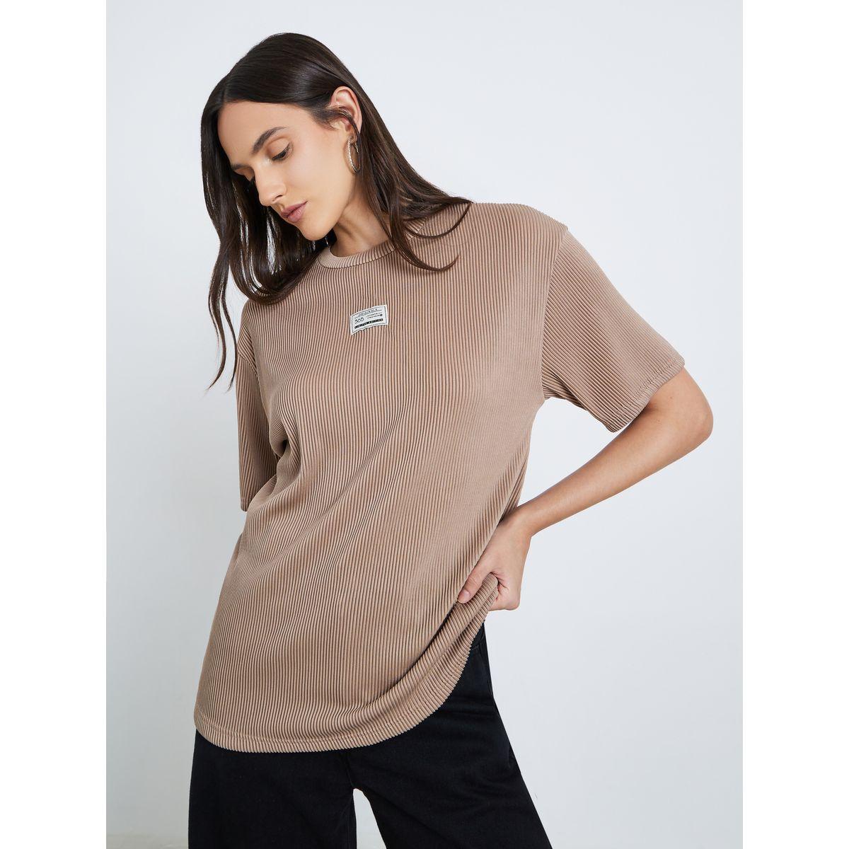 Styli Women Brown Ribbed Oversized T-Shirt-women-clothing-tshirts-image-1
