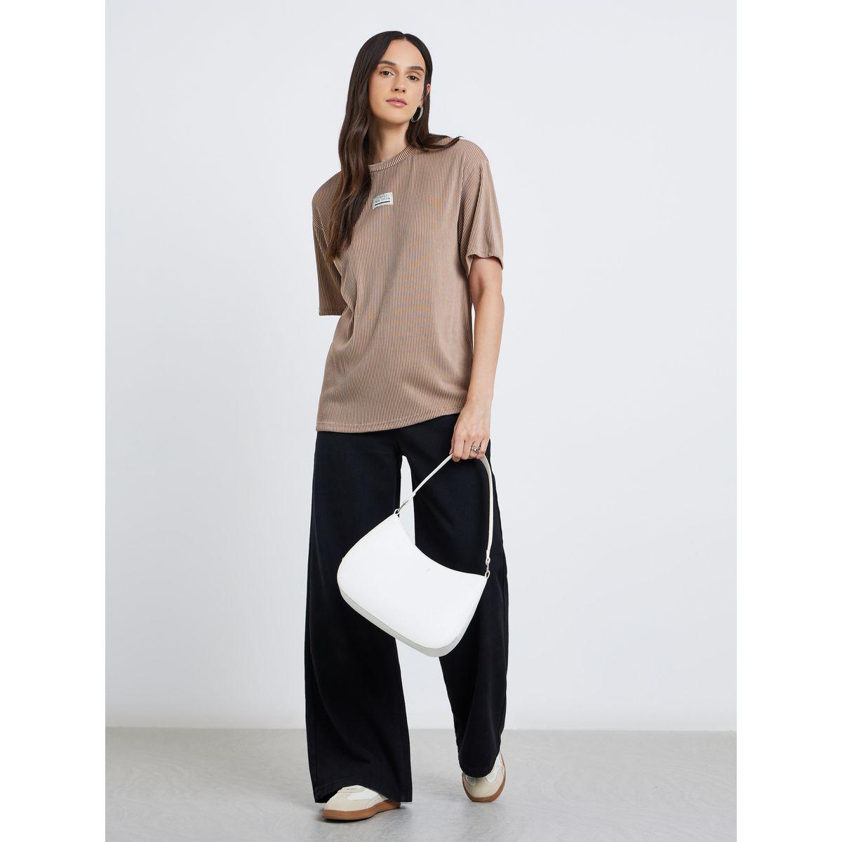 Styli Women Brown Ribbed Oversized T-Shirt-women-clothing-tshirts-image-2