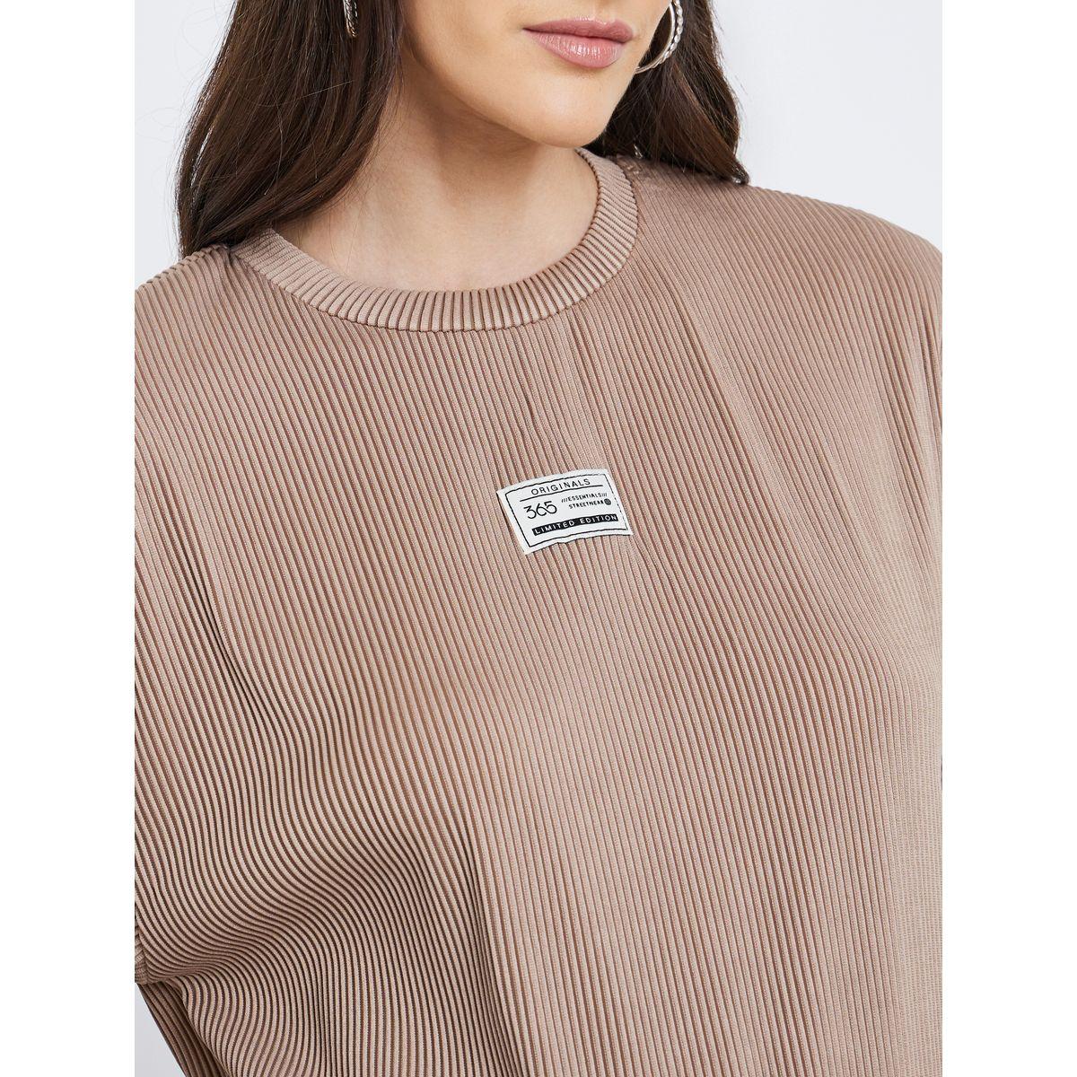 Styli Women Brown Ribbed Oversized T-Shirt-women-clothing-tshirts-image-3