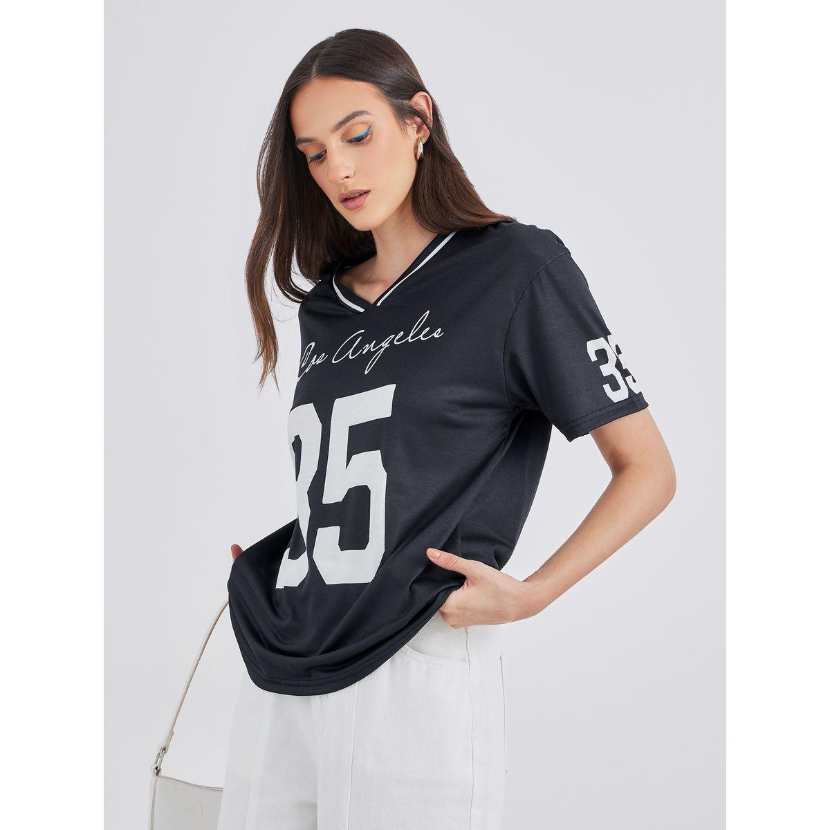 Styli Women Black Graphic Print V Neck Oversized T-Shirt-women-clothing-tshirts-image-1