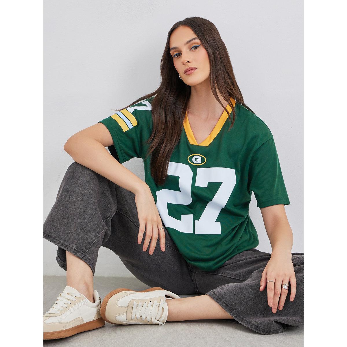 Styli Women Dark Green Graphic Print V Neck Oversized T-Shirt-women-clothing-tshirts-image-1