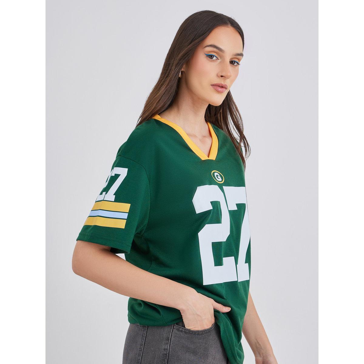 Styli Women Dark Green Graphic Print V Neck Oversized T-Shirt-women-clothing-tshirts-image-4