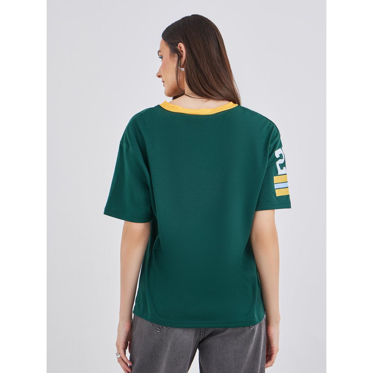 Styli Women Dark Green Graphic Print V Neck Oversized T-Shirt-women-clothing-tshirts-image-5