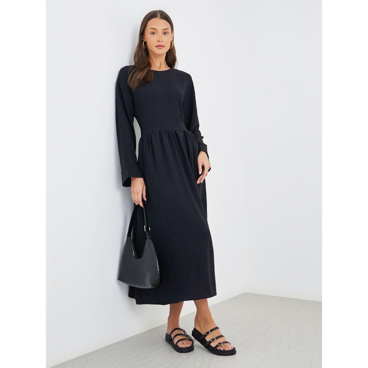 Styli Crinkled Long Sleeve A-Line Midi Dress with Pockets-women-clothing-dresses-image-1
