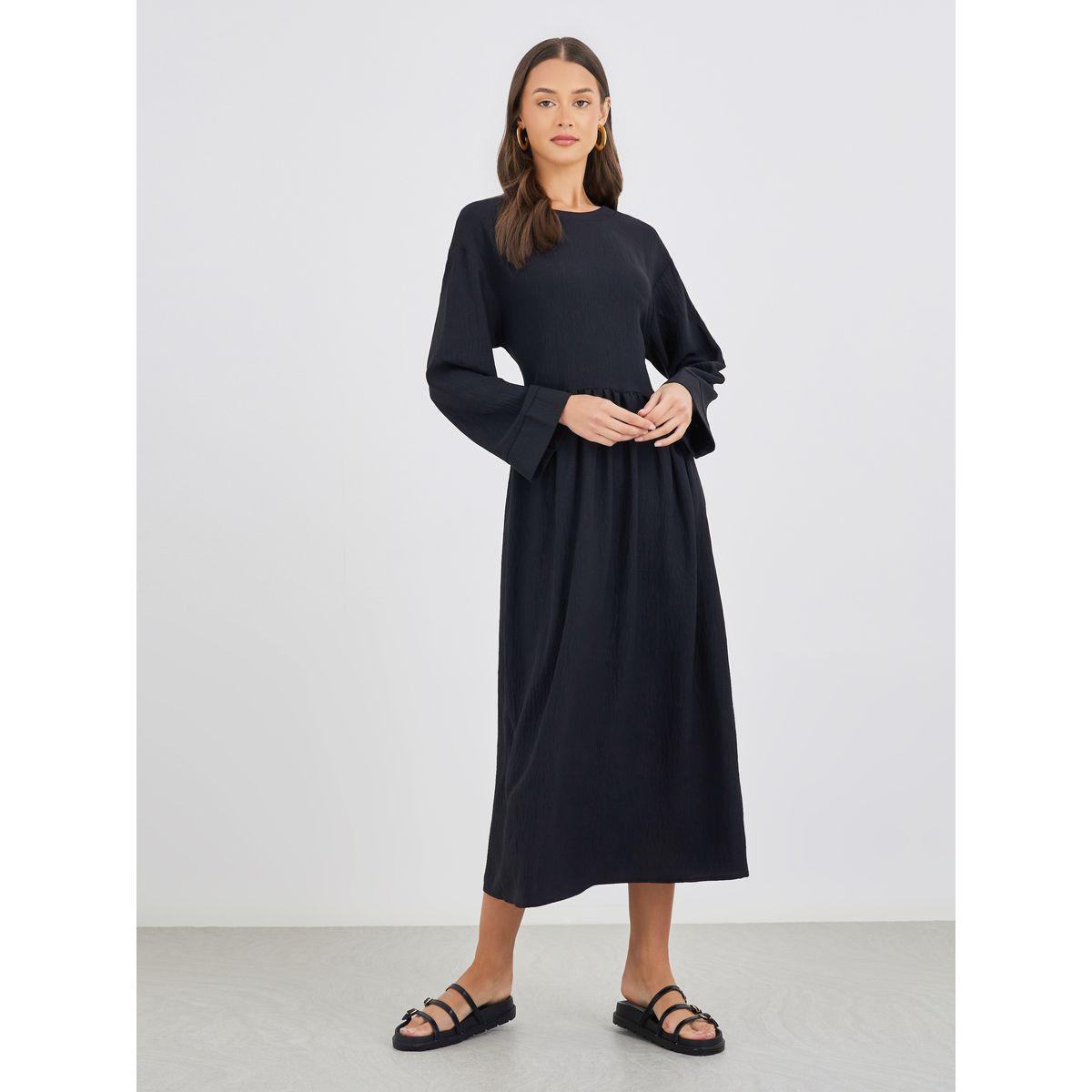 Styli Crinkled Long Sleeve A-Line Midi Dress with Pockets-women-clothing-dresses-image-2